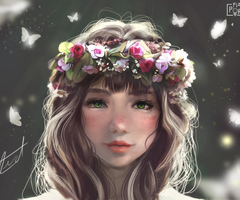 Free download wallpaper Fantasy, Flower, Face, Wreath, Women, Green Eyes, Freckles on your PC desktop