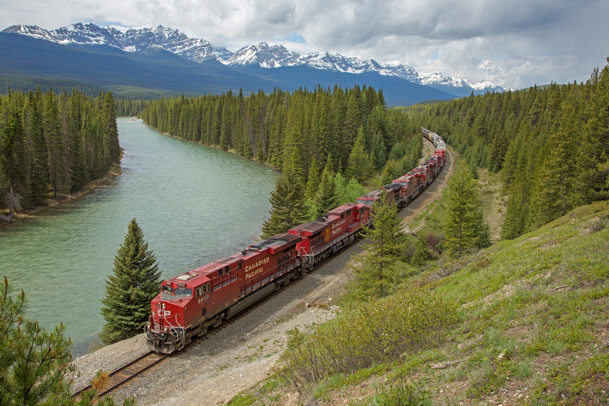 Download mobile wallpaper Landscape, Mountain, River, Train, Vehicles for free.