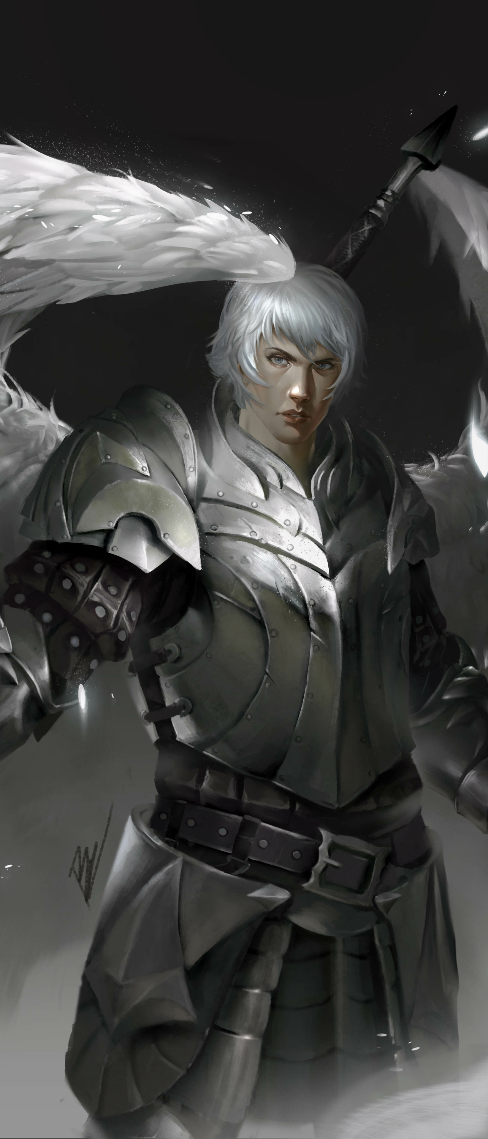 Download mobile wallpaper Fantasy, Armor, White Hair, Angel Warrior for free.