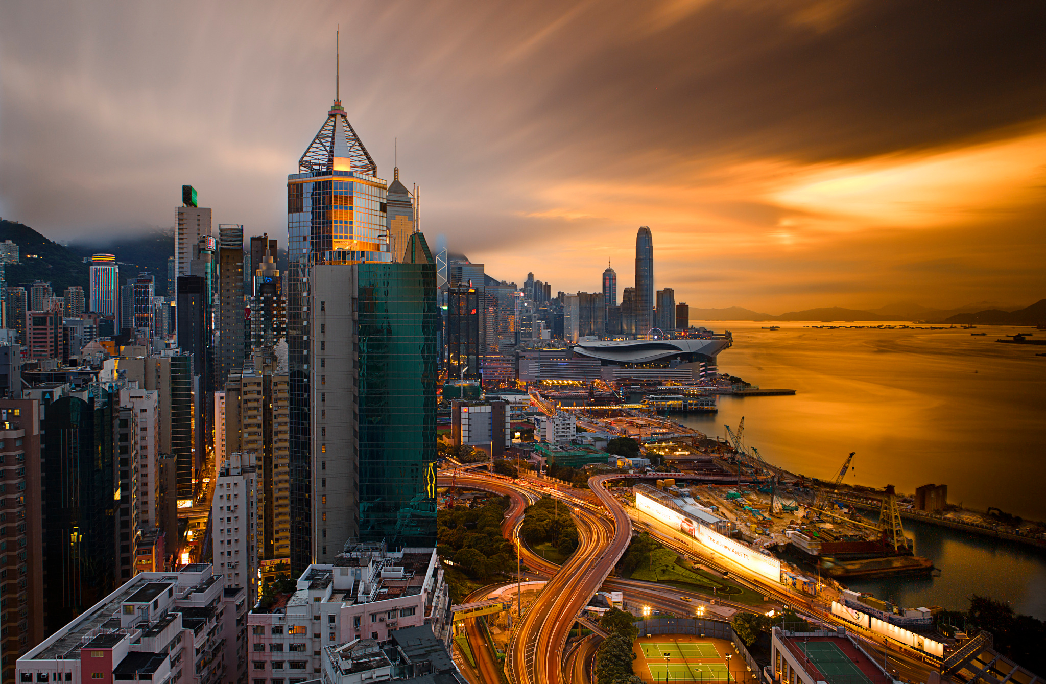cities, man made, hong kong, architecture, building, china, city, light, megapolis, sunset, victoria harbour