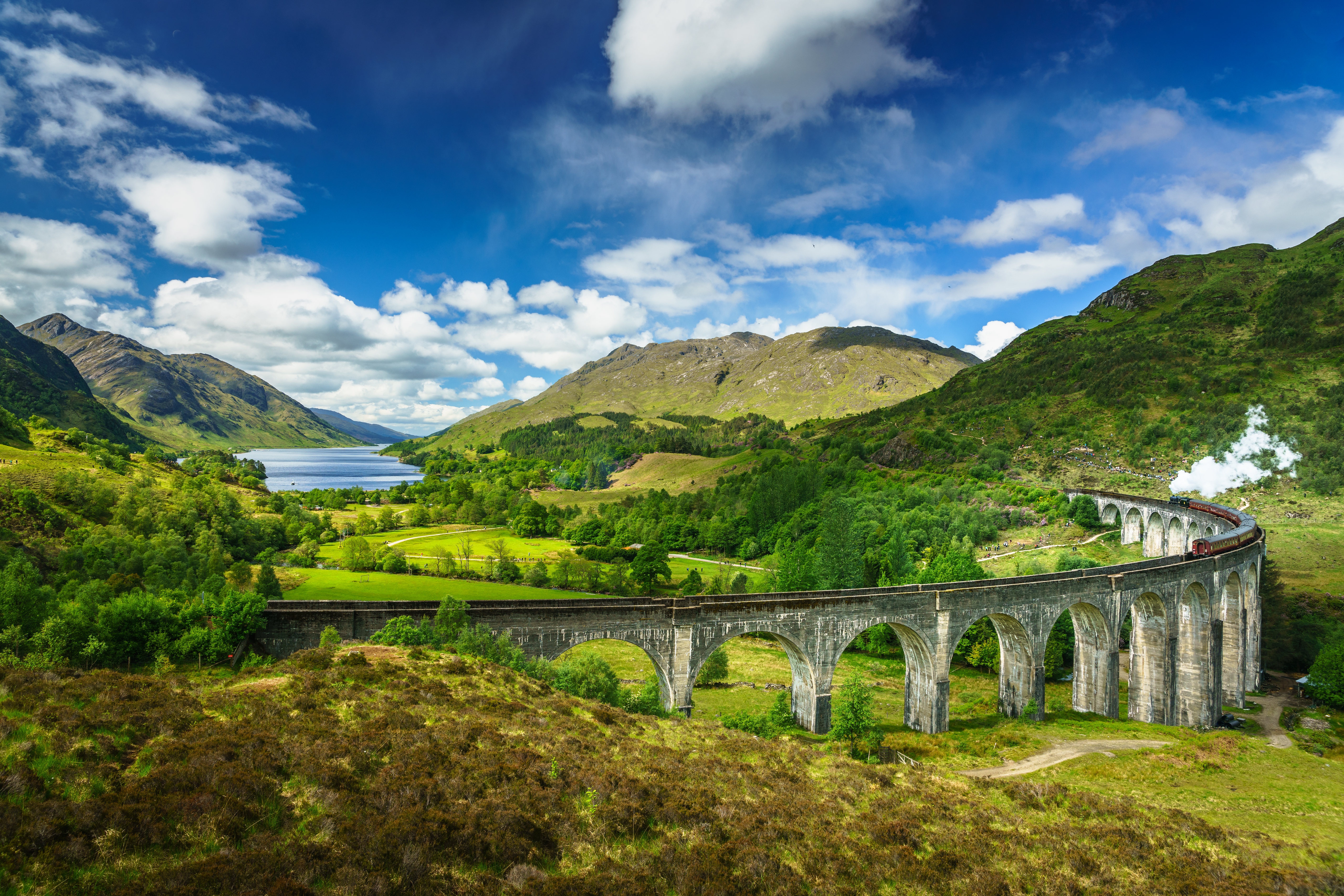 Download mobile wallpaper Bridge, Scotland, Train, Vehicles for free.