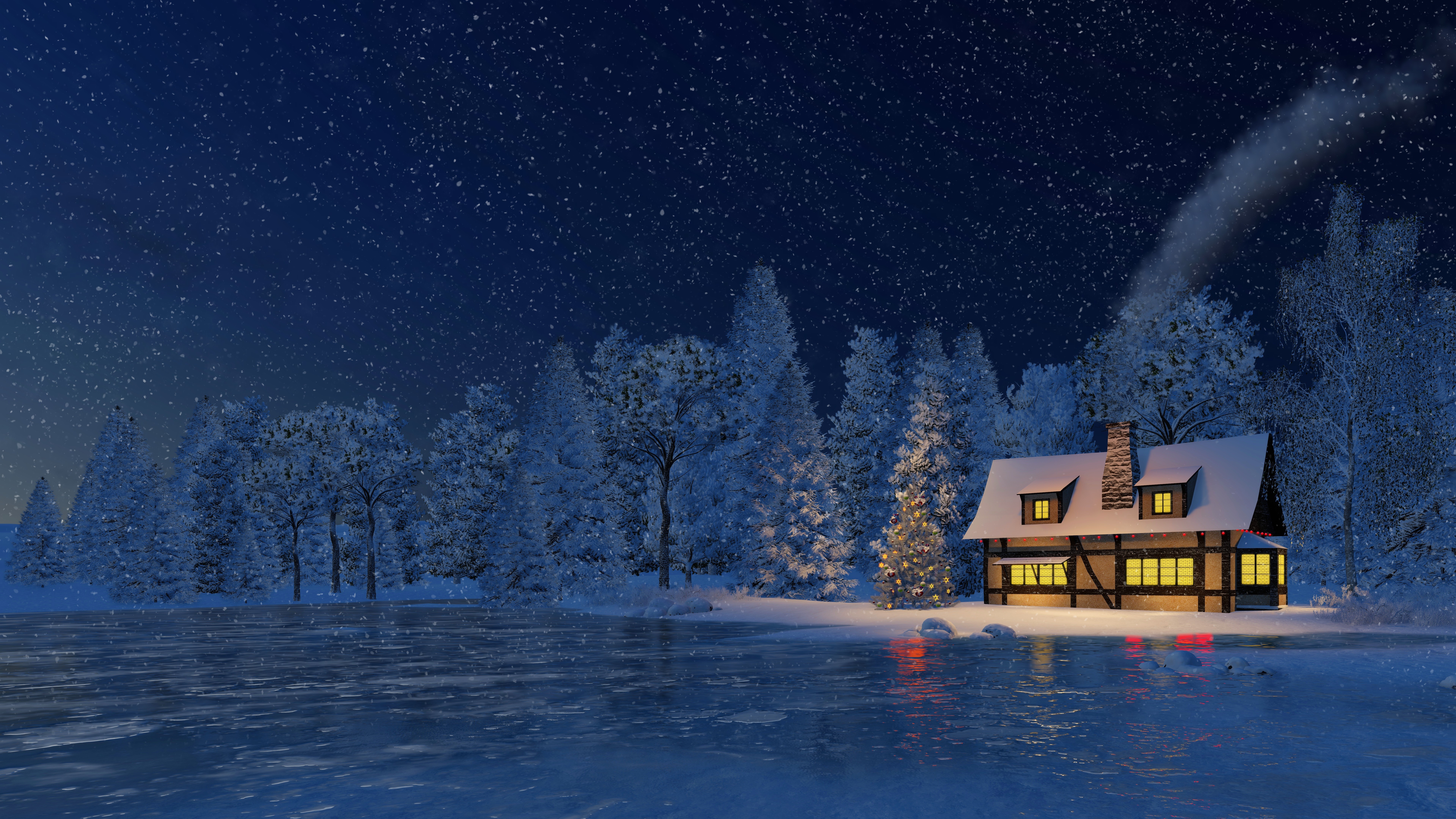 Download mobile wallpaper Winter, Snow, Lake, House, Artistic for free.