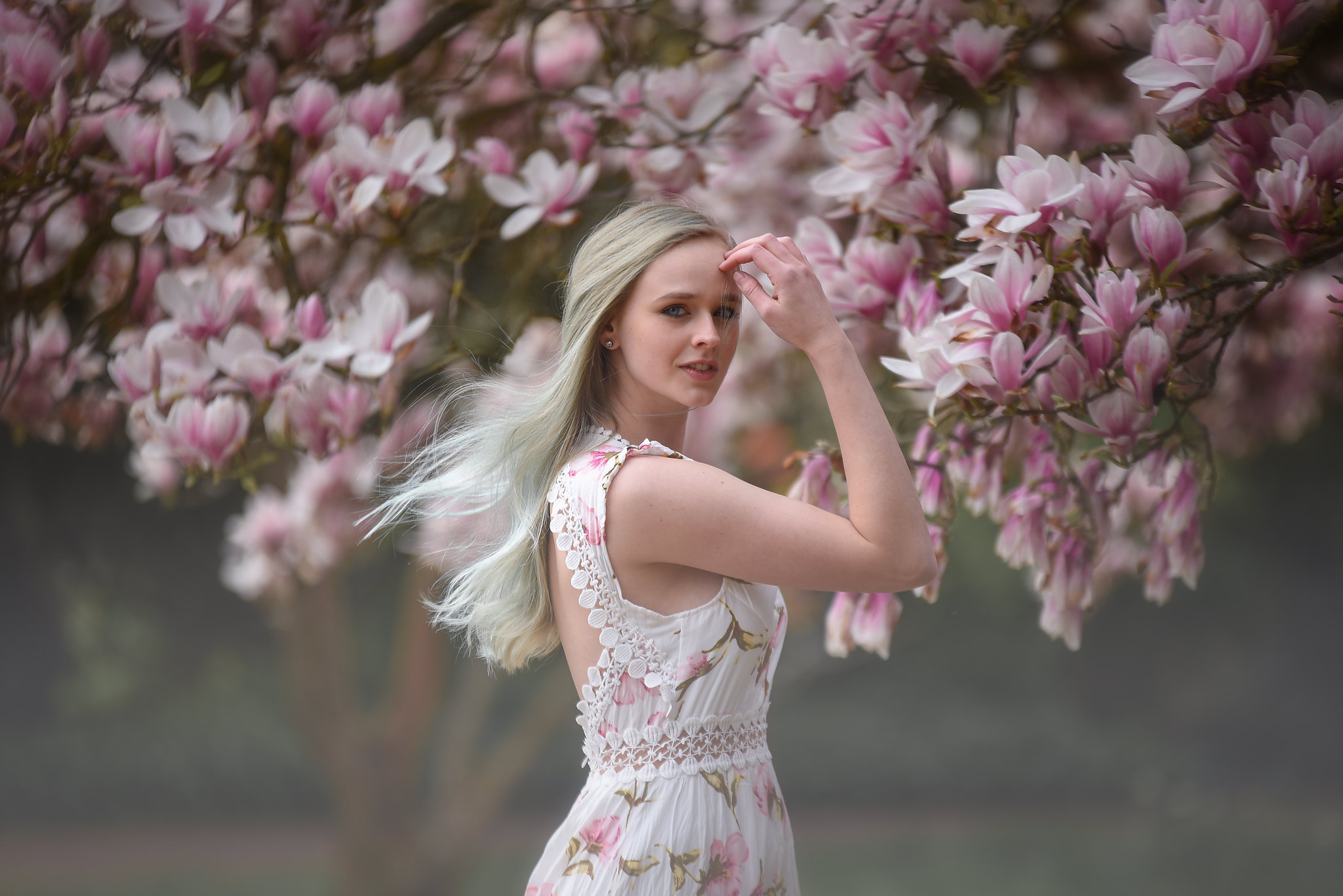 Download mobile wallpaper Blonde, Dress, Model, Women, Blossom, Depth Of Field for free.