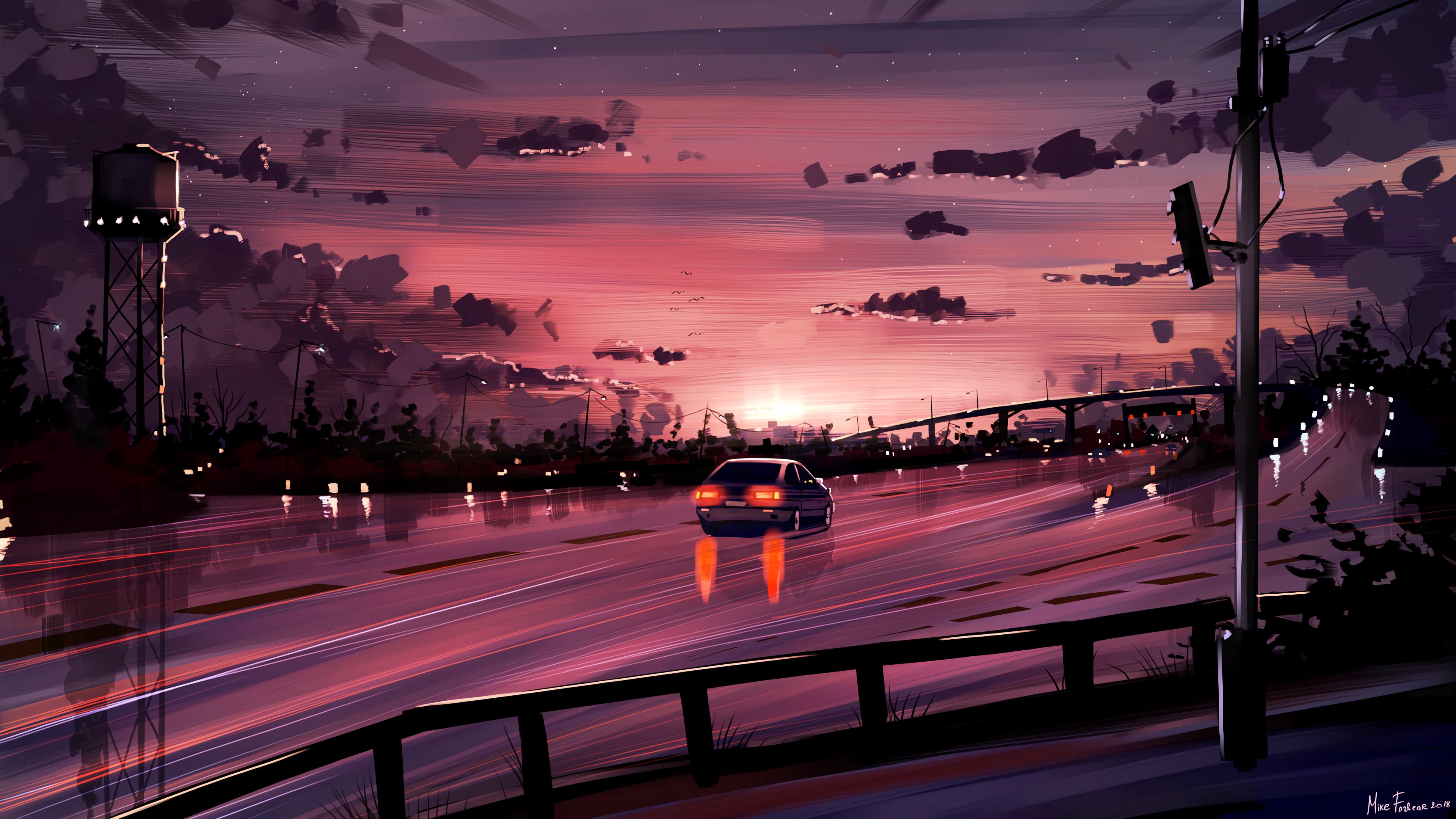art, car, purple, sunset, violet, reflection, road