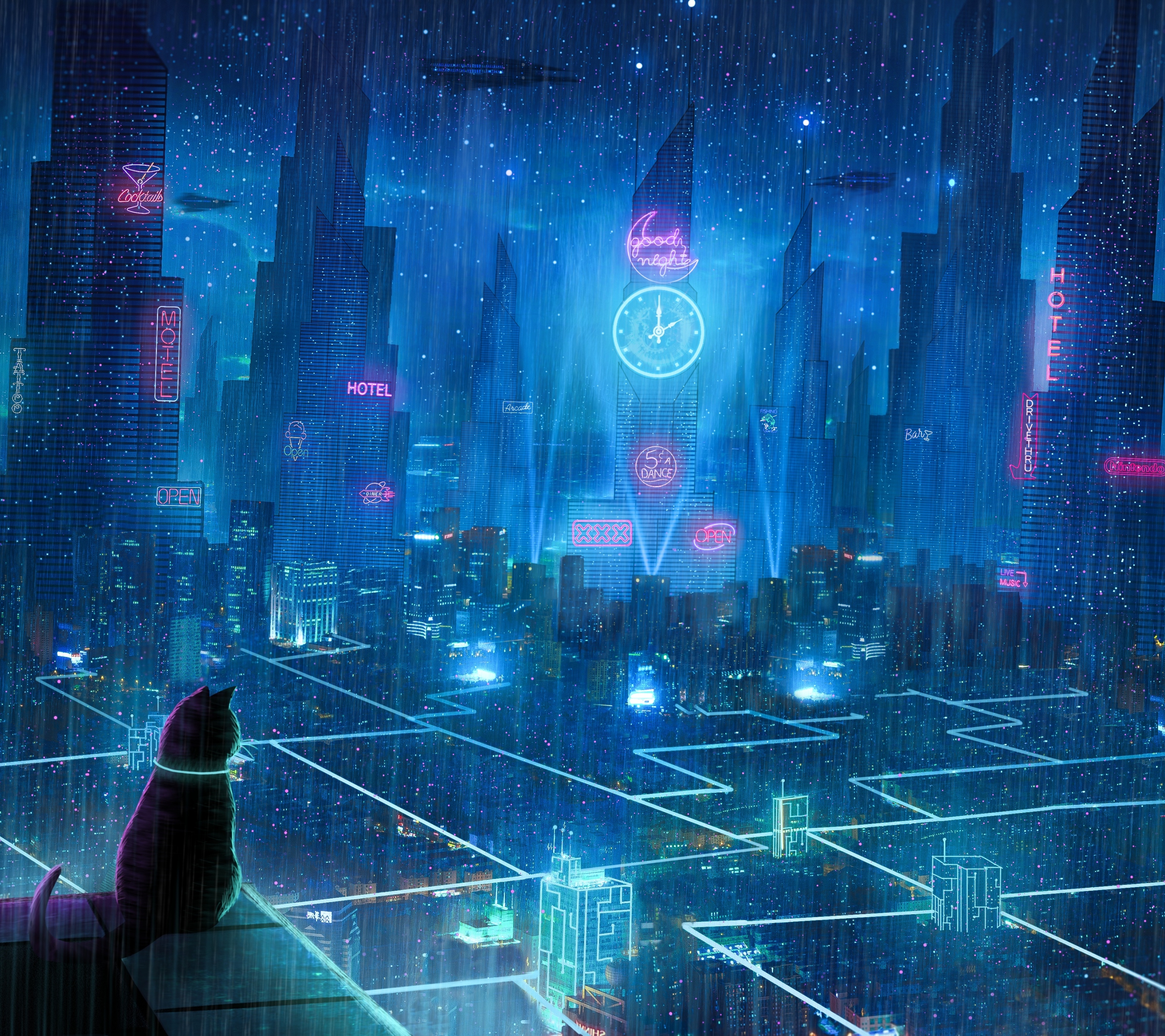 Download mobile wallpaper Anime, Rain, City, Building, Cat, Sci Fi for free.