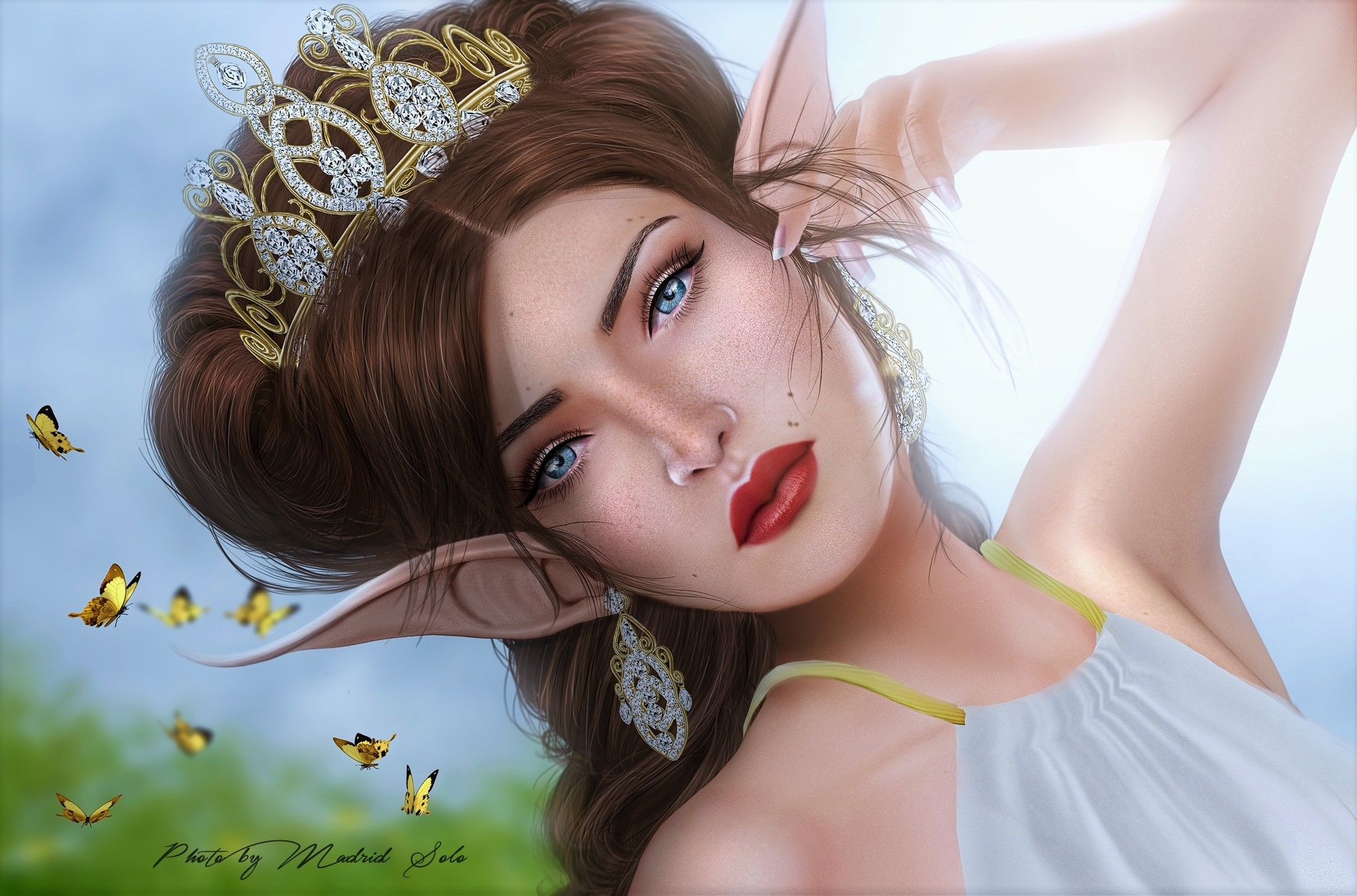 Free download wallpaper Fantasy, Crown, Face, Elf, Blue Eyes, Pointed Ears, Brown Hair, Lipstick on your PC desktop