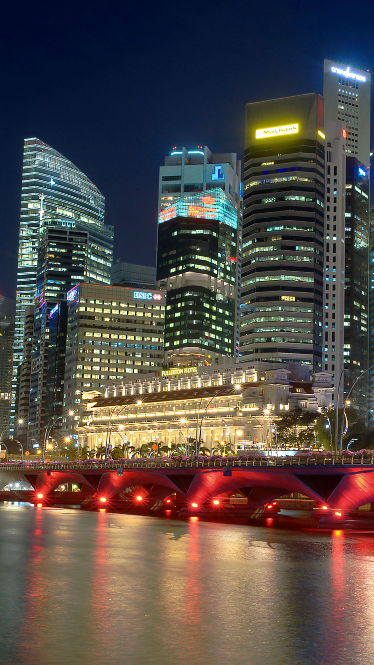 無料モバイル壁紙都市, 水, 超高層ビル, 建物, 反射, 光, シンガポール, 夜, 建築, マンメイド, 街並みをダウンロードします。