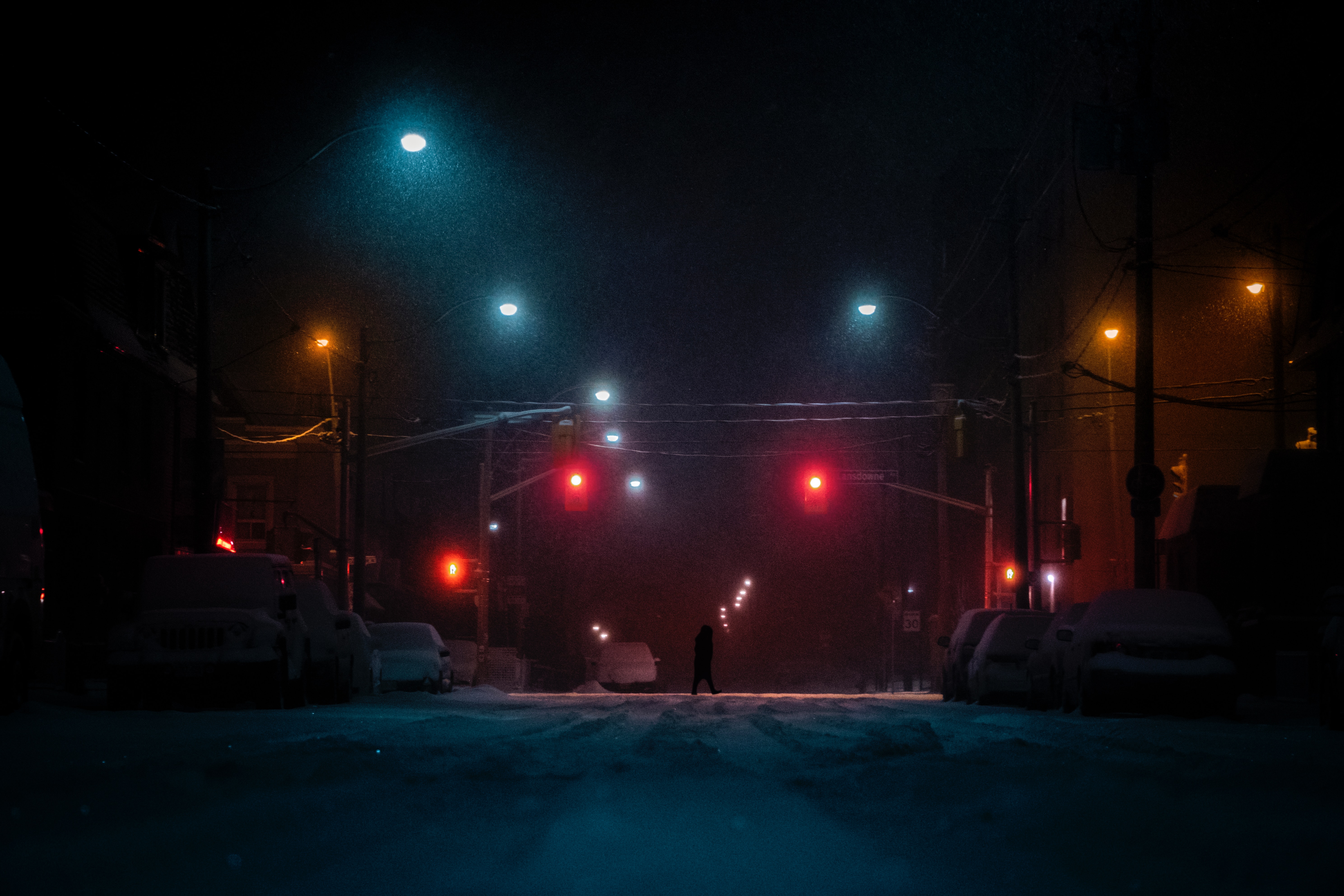 dark, snow, night, silhouette, street