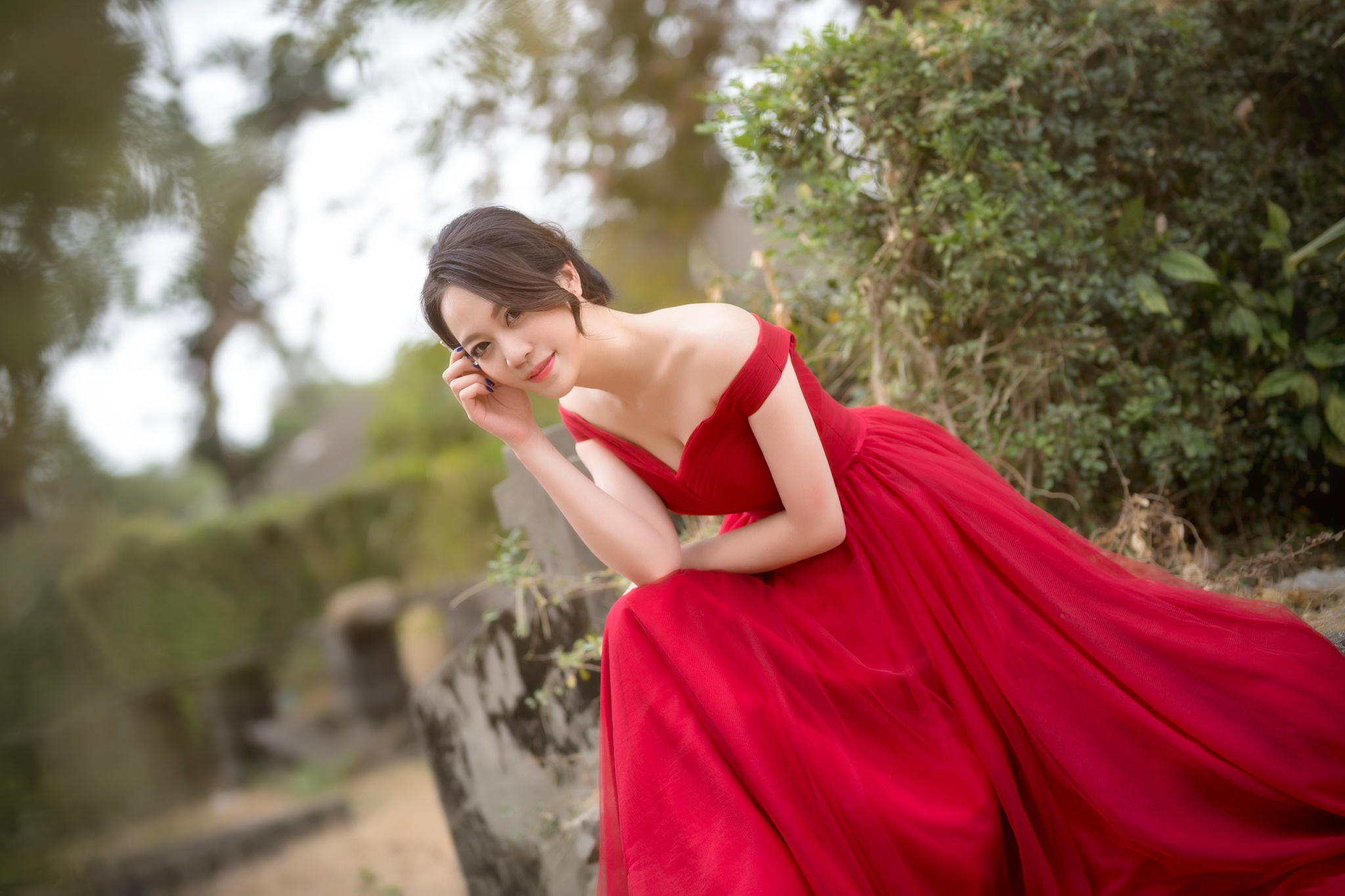 Free download wallpaper Brunette, Model, Women, Asian, Brown Eyes, Red Dress, Depth Of Field on your PC desktop