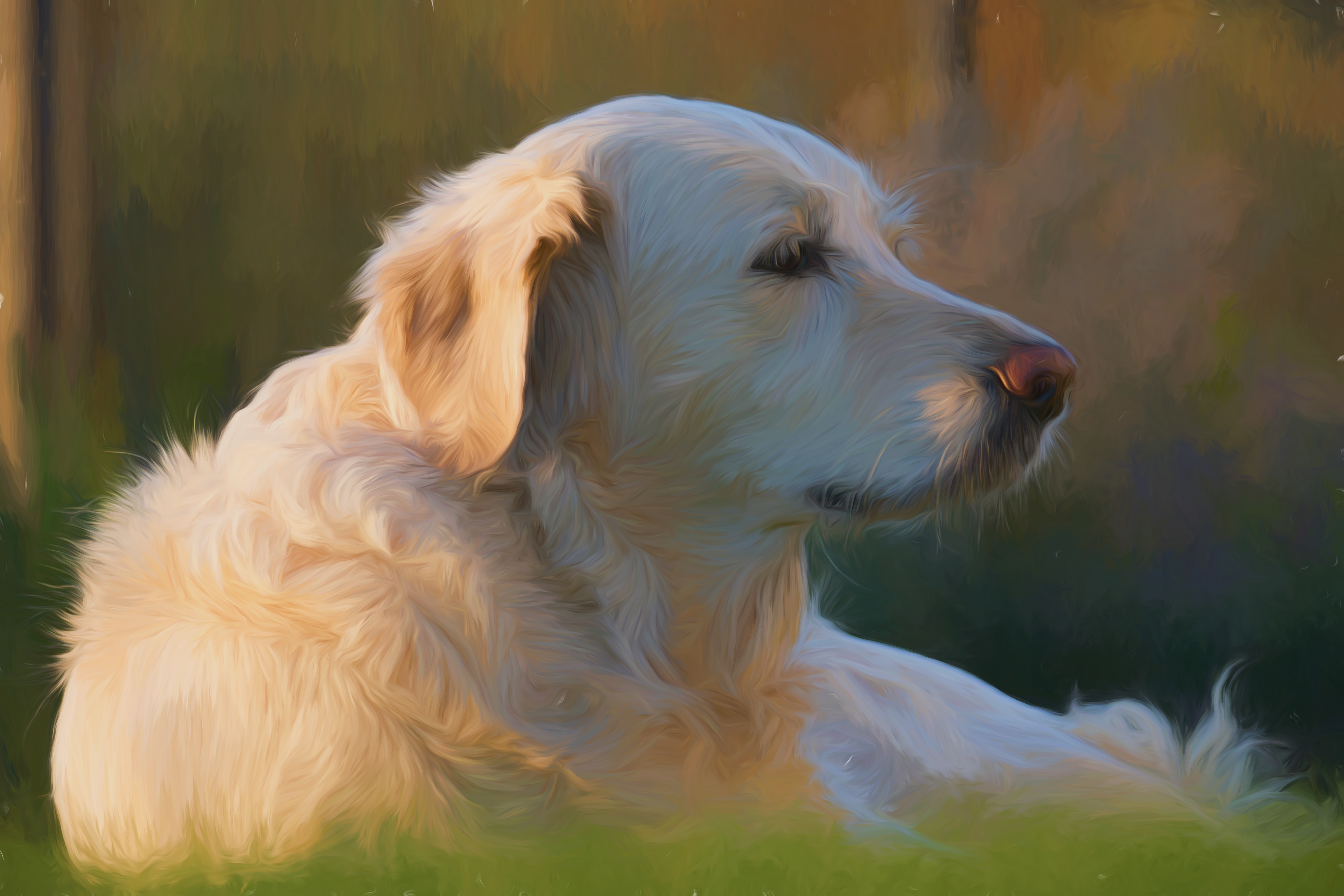 Download mobile wallpaper Dogs, Dog, Animal, Portrait, Painting, Labrador Retriever, Lying Down, Oil Painting for free.