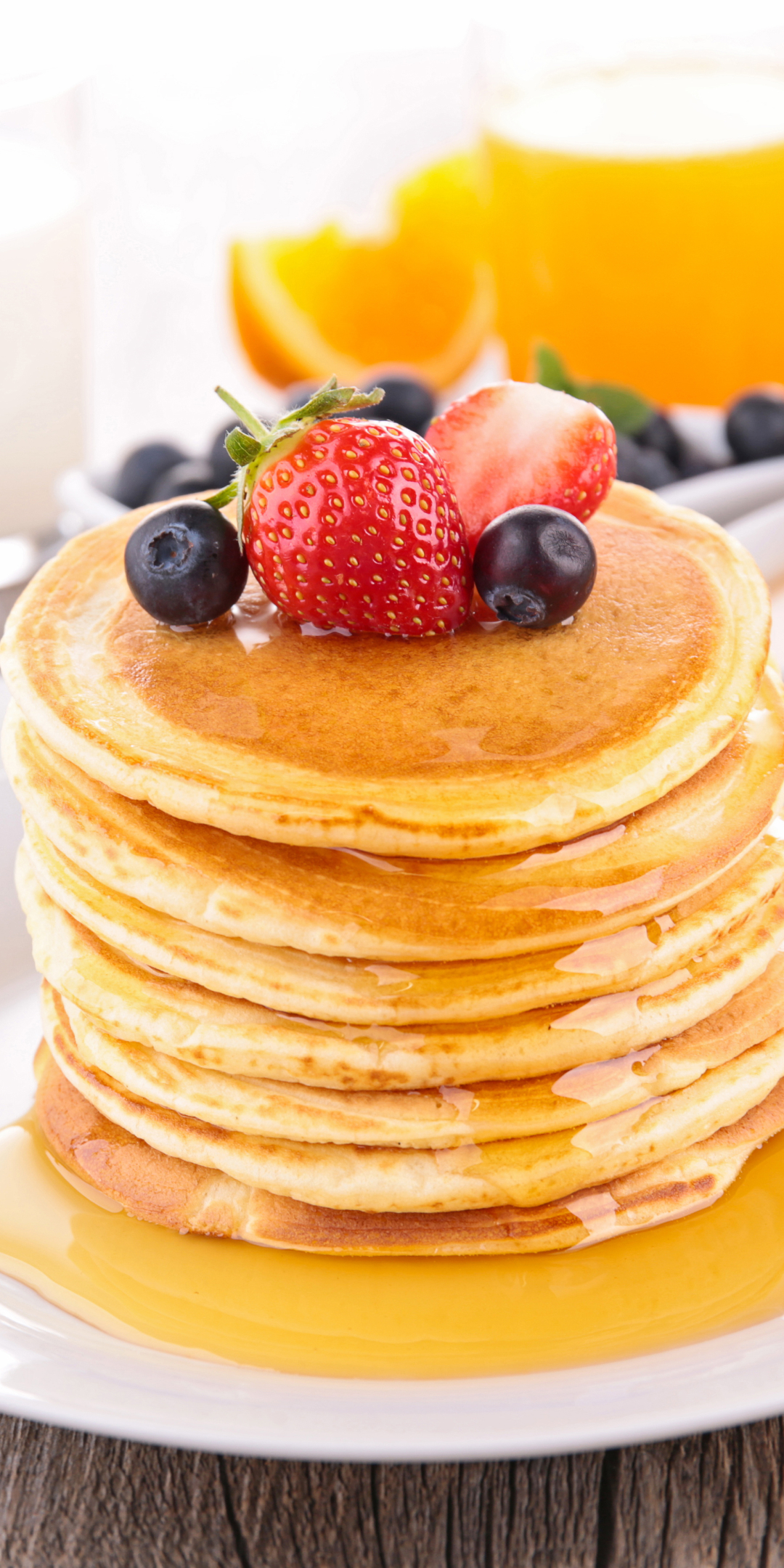 Download mobile wallpaper Food, Strawberry, Blueberry, Berry, Honey, Juice, Pancake for free.
