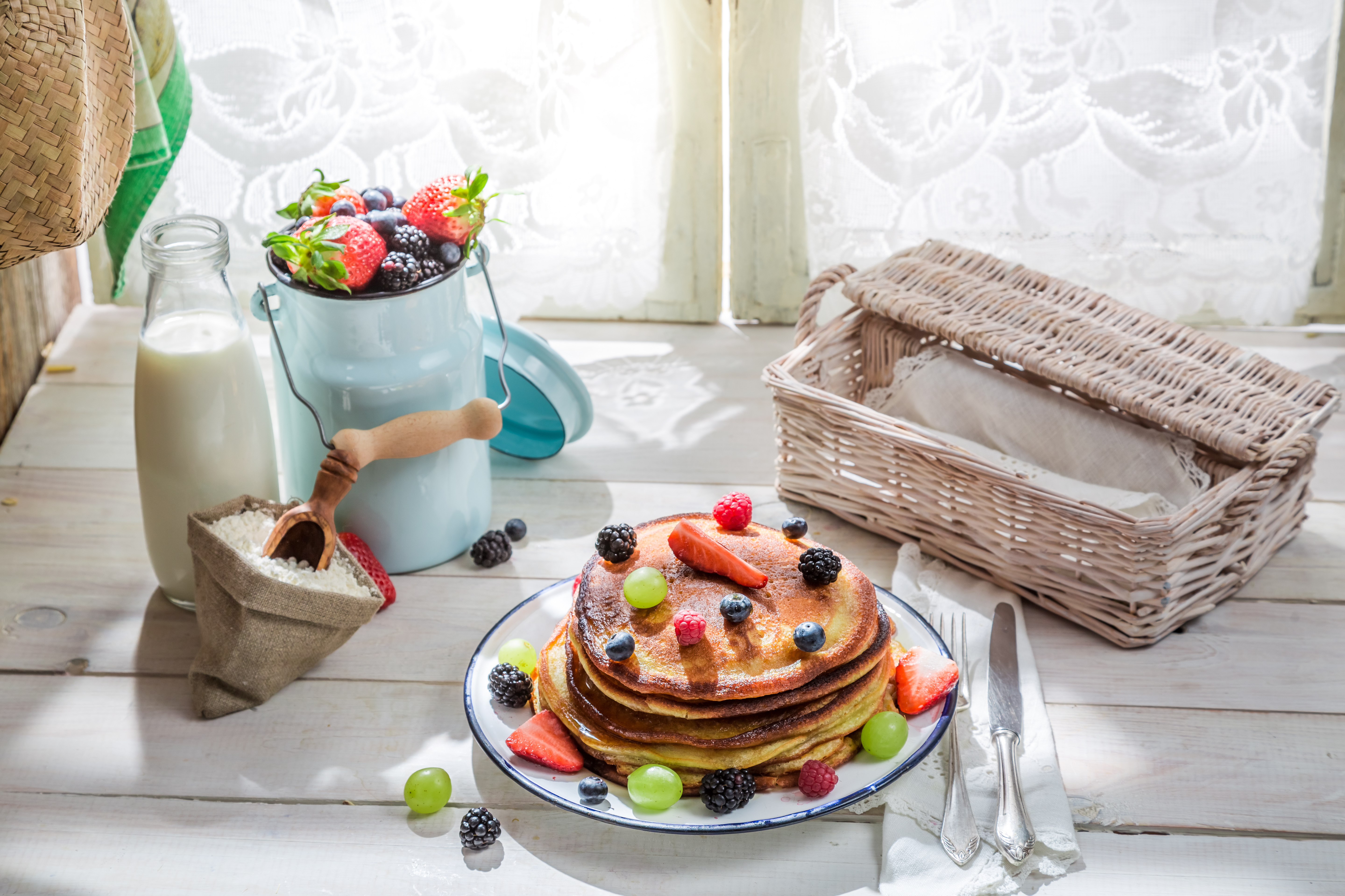 Free download wallpaper Food, Berry, Breakfast, Milk, Pancake on your PC desktop
