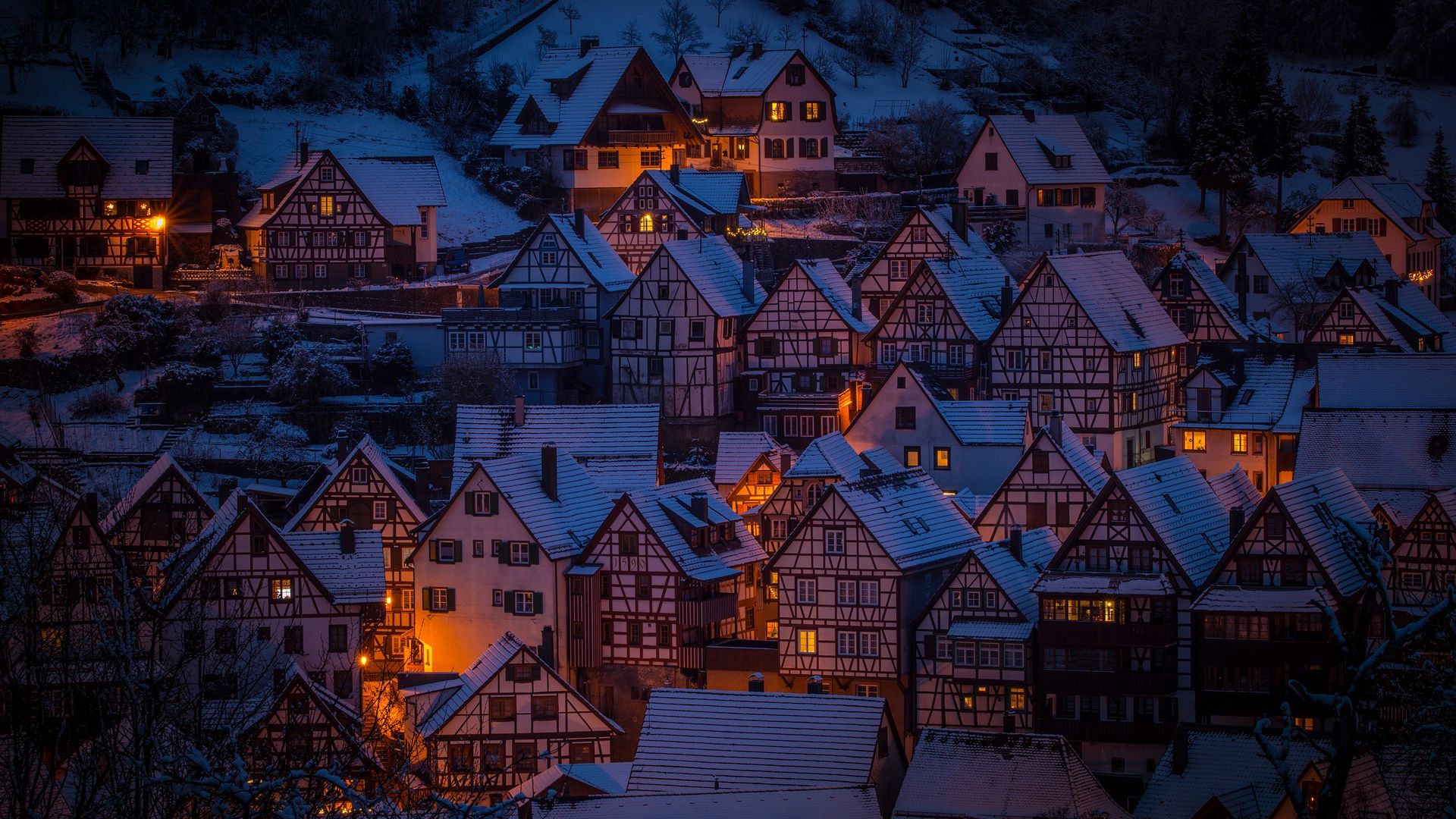 Download mobile wallpaper Night, Snow, Village, Man Made for free.