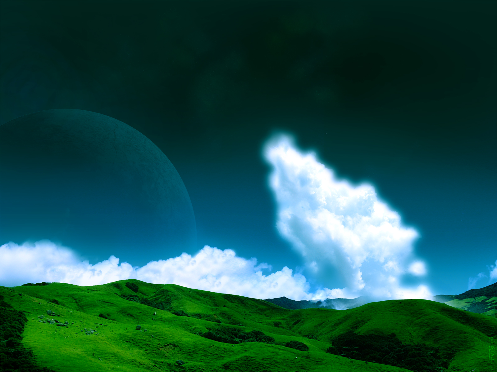 Laden Sie das Erde, Planet, Science Fiction, Wolke, Gras, Himmel, Planetenaufgang-Bild kostenlos auf Ihren PC-Desktop herunter