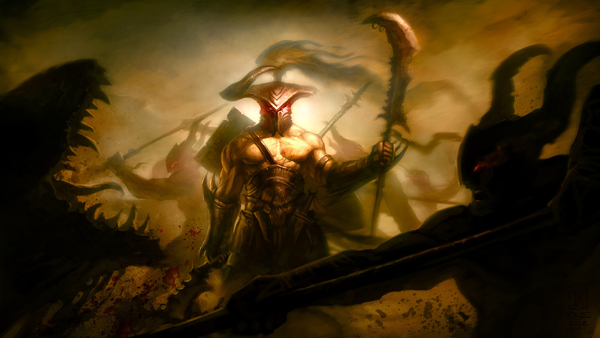 Free download wallpaper Fantasy, Weapon, Battlefield, Dark, Warrior, Creature, Monster, Battle on your PC desktop