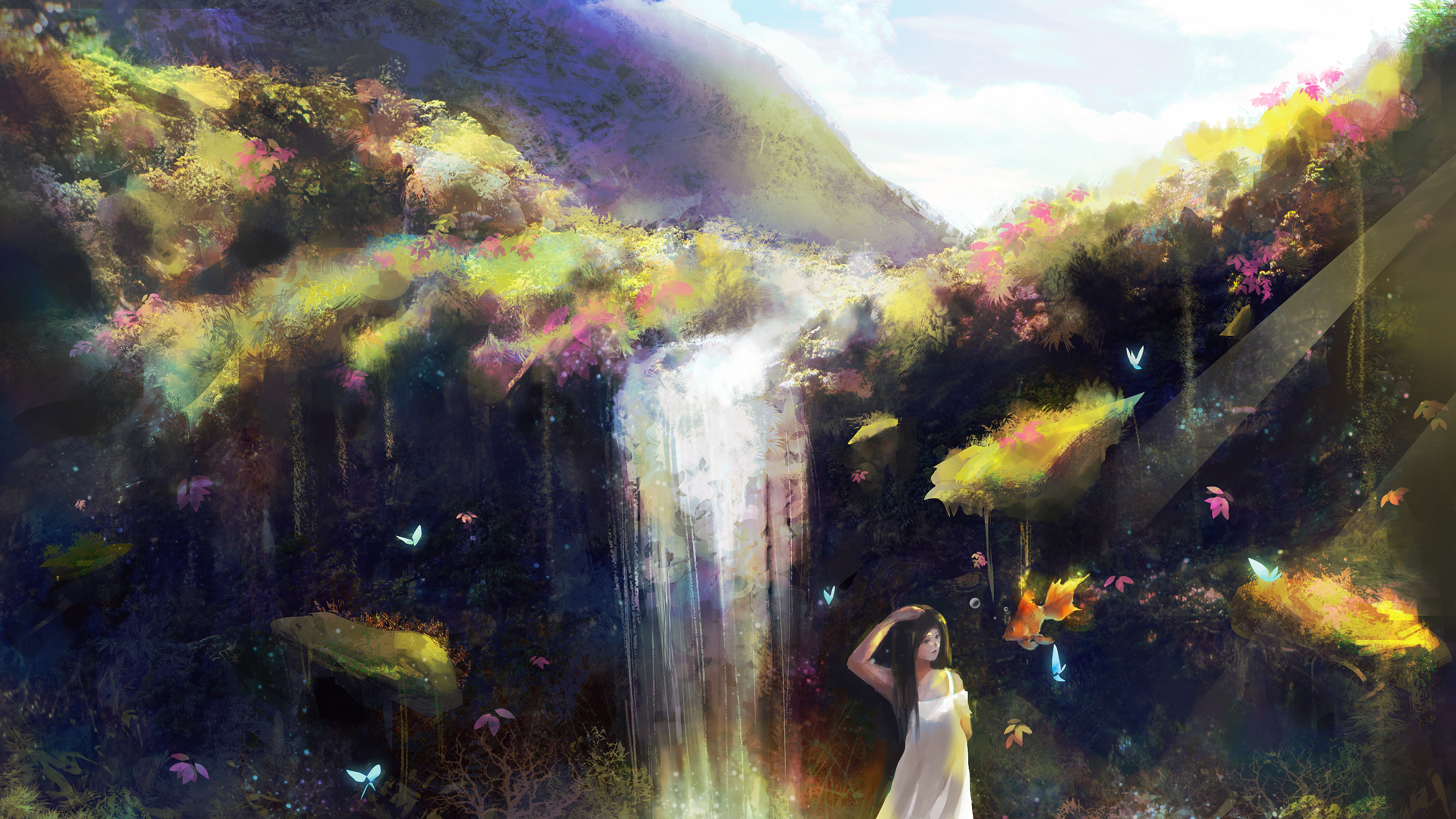 Download mobile wallpaper Anime, Fantasy, Waterfall, Butterfly, Fish, Original for free.