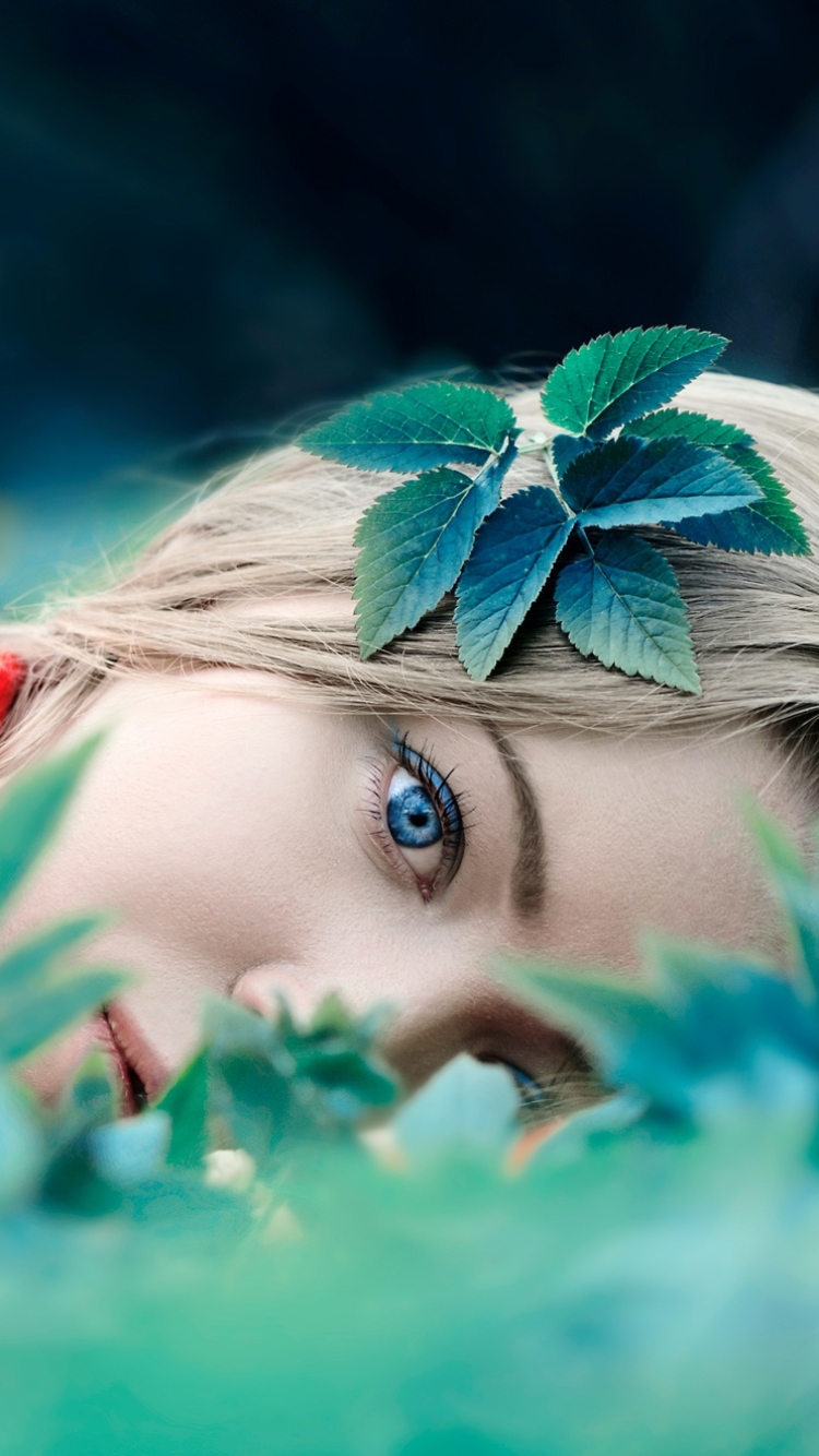 Download mobile wallpaper Blonde, Model, Women, Blue Eyes, Lying Down, Depth Of Field for free.