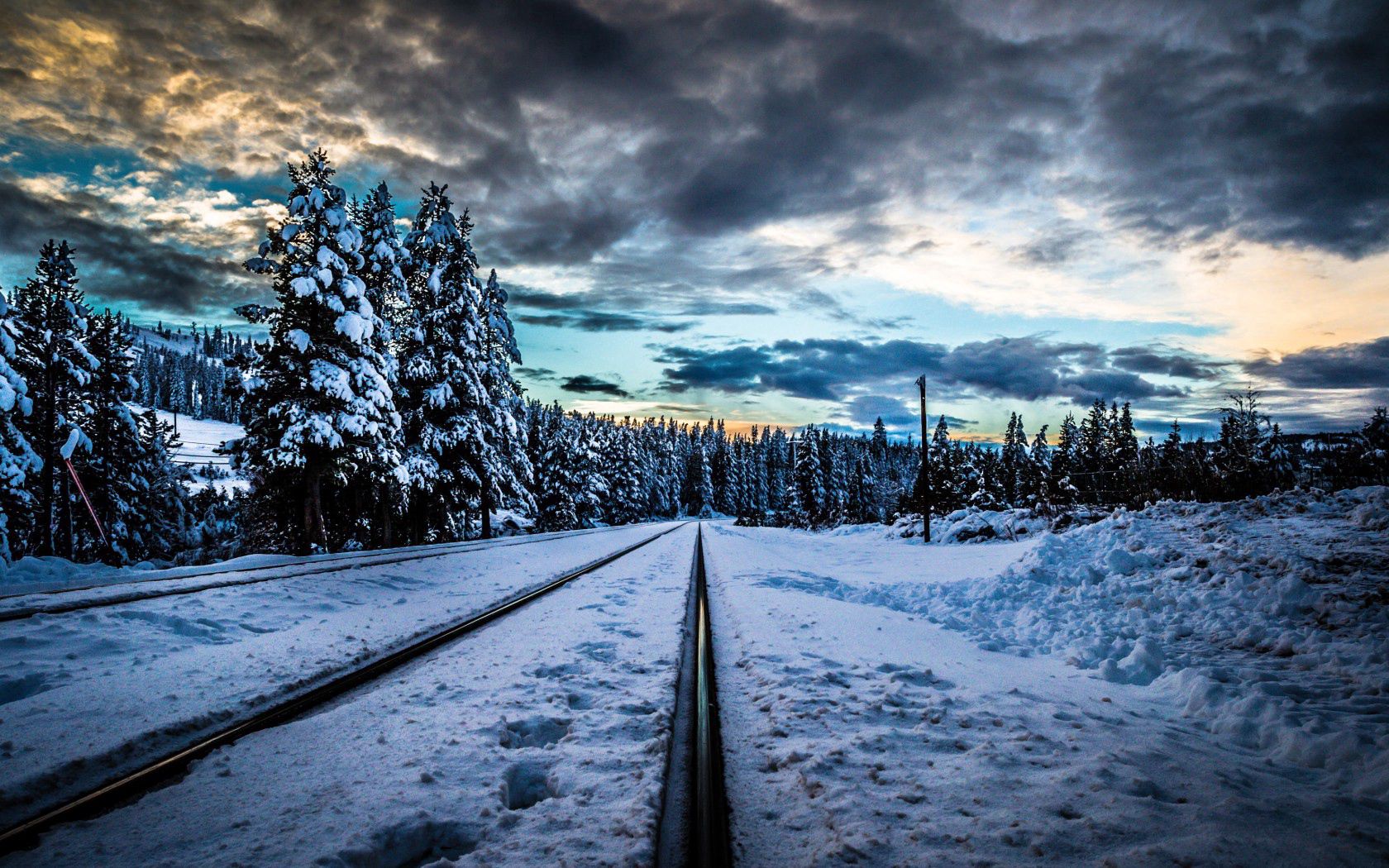 nature, winter, rails, snow, railway, hdr