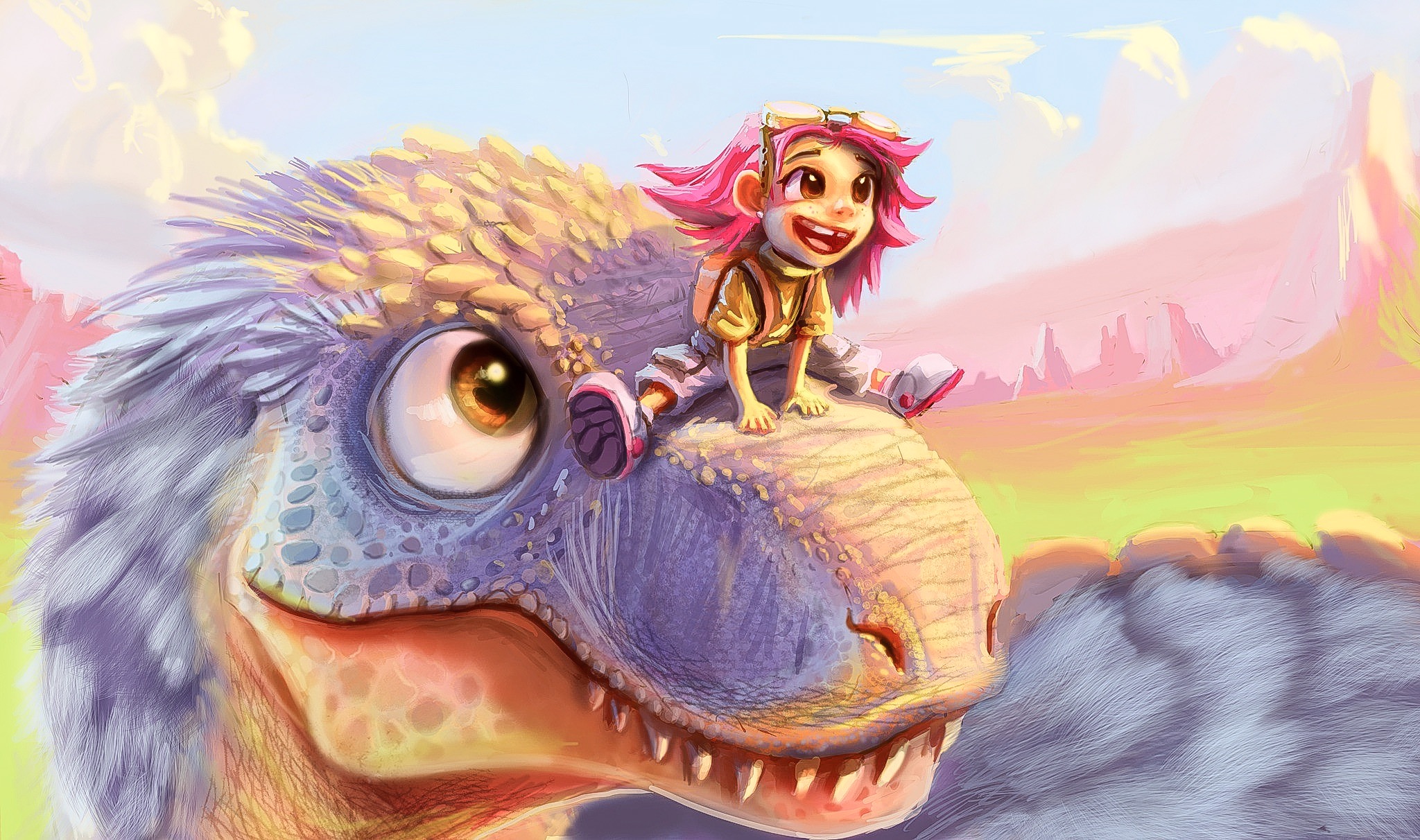 Laden Sie das Fantasie, Kinder, Dinosaurier, Pinkes Haar, Kleiner Junge-Bild kostenlos auf Ihren PC-Desktop herunter