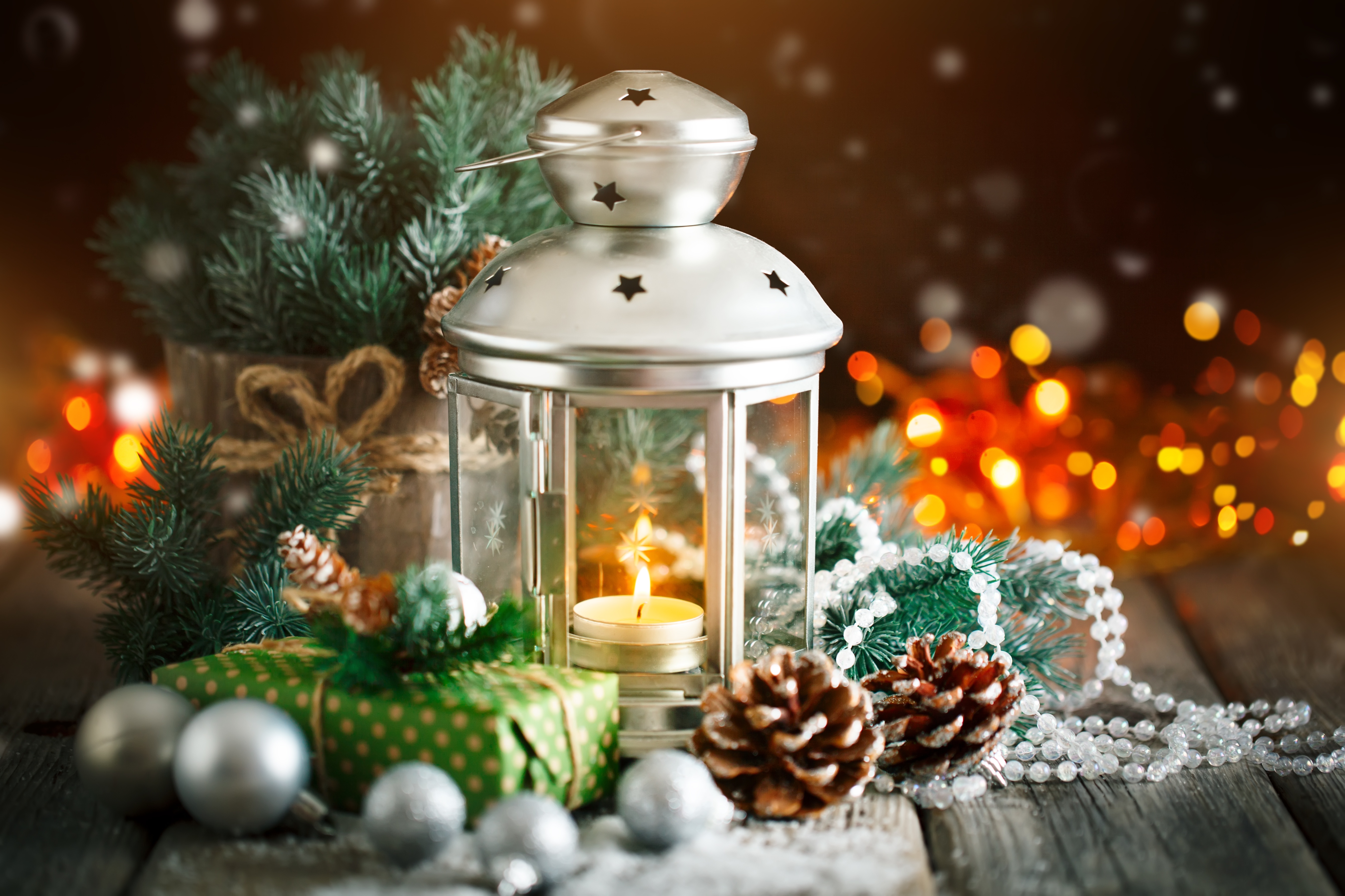 Download mobile wallpaper Still Life, Lantern, Gift, Bokeh, Candle, Man Made for free.