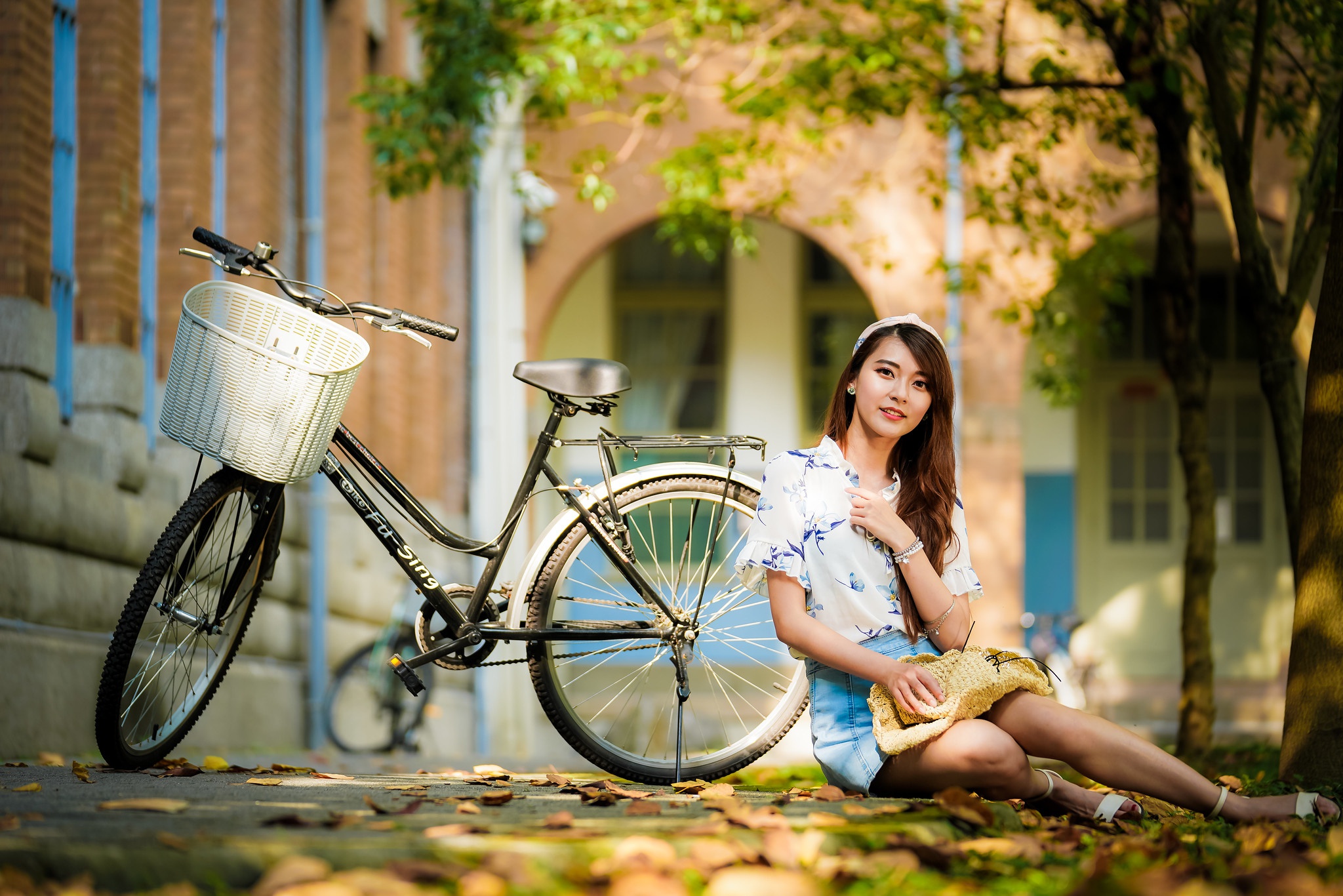 Download mobile wallpaper Bicycle, Brunette, Model, Women, Asian, Long Hair, Depth Of Field for free.
