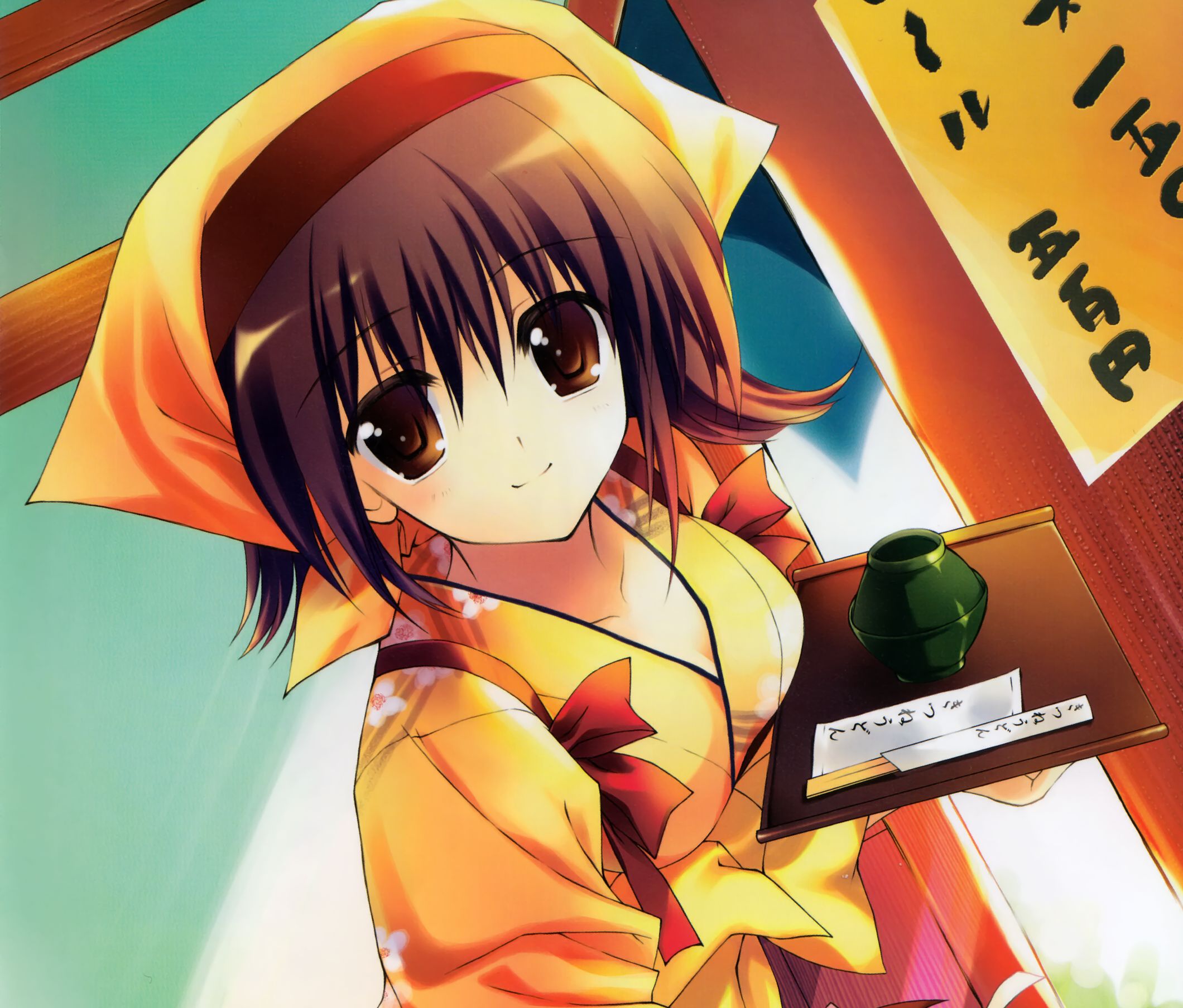 Free download wallpaper Anime, Smile, Kimono, Original, Brown Eyes, Brown Hair, Short Hair on your PC desktop