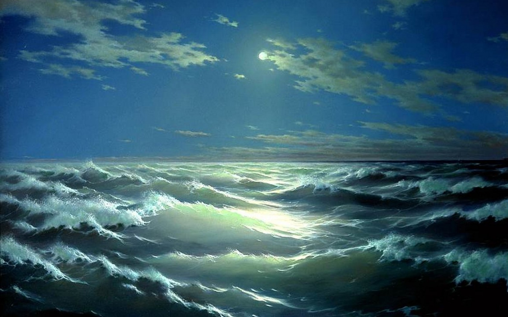 Download mobile wallpaper Sky, Sea, Night, Moon, Horizon, Ocean, Painting, Artistic, Wave for free.