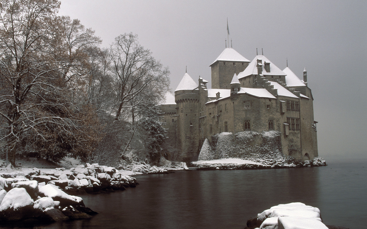 Téléchargez des papiers peints mobile Lac, L'hiver, Construction Humaine, Château gratuitement.