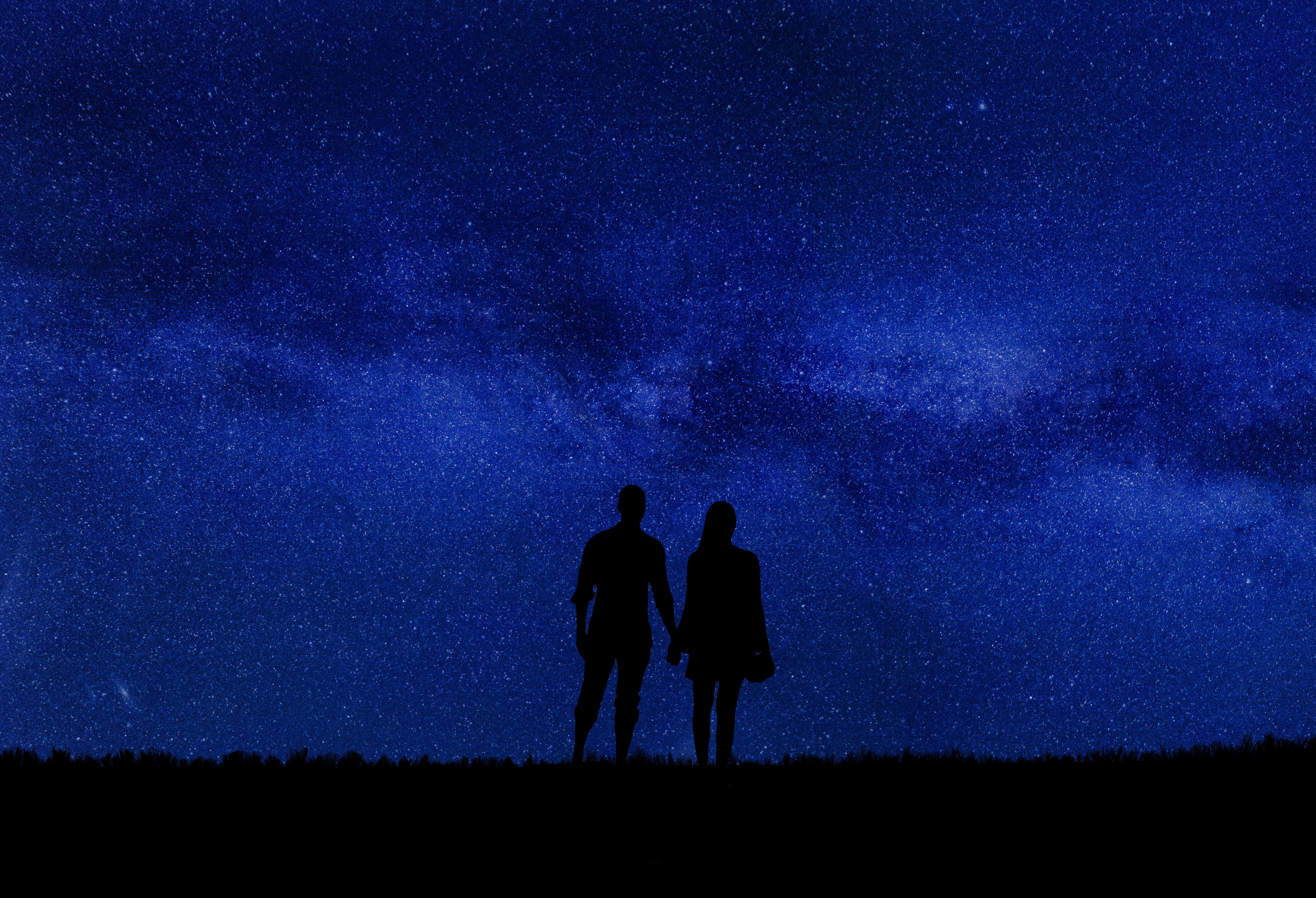 romance, night, love, couple, pair, silhouettes, starry sky