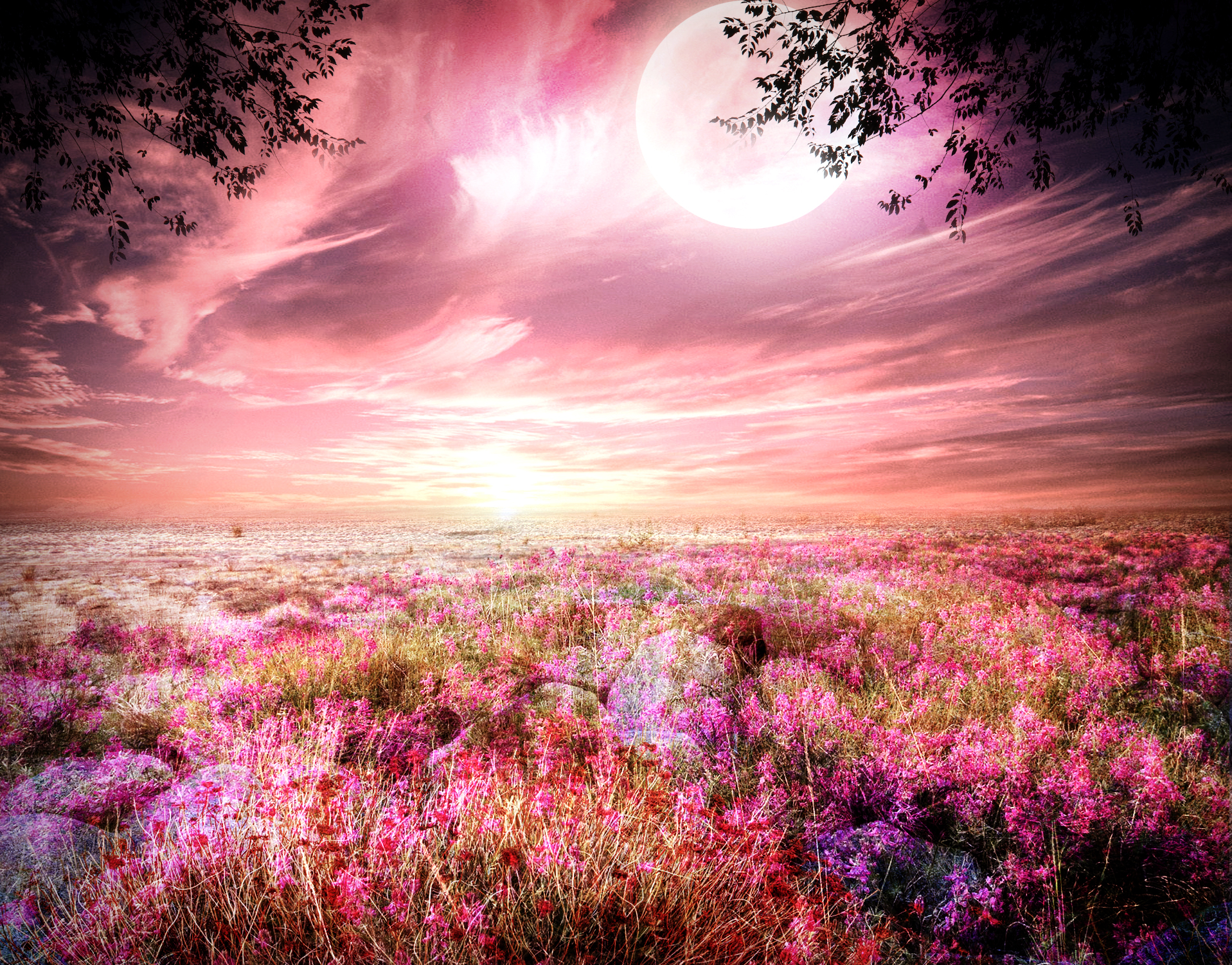 Download mobile wallpaper Fantasy, Sky, Pink, Moon, Flower, Field, Artistic, Meadow for free.
