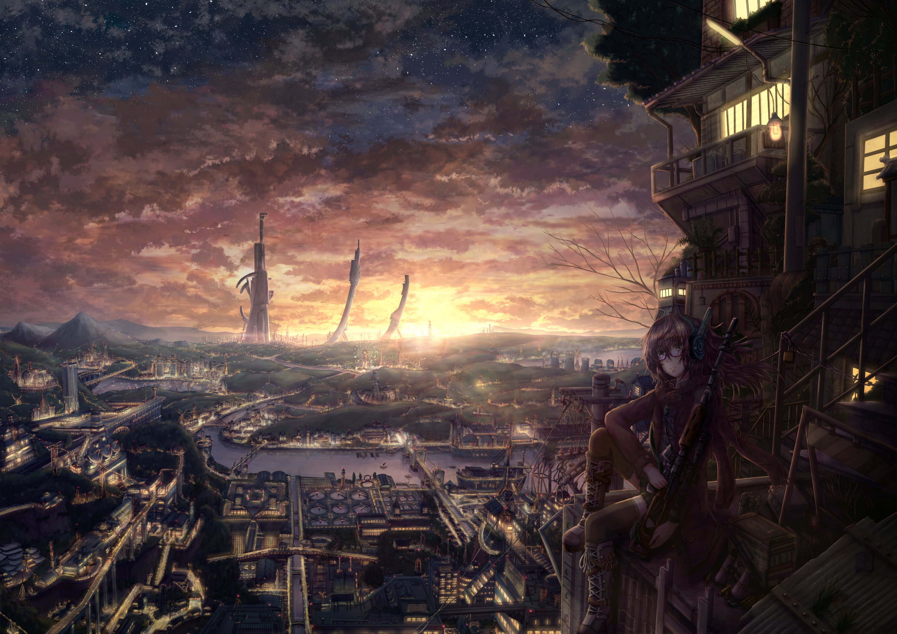 Free download wallpaper Anime, Sunset, Sky, City, Mountain, House, Tower, Cloud, Glasses, River, Original, Rifle on your PC desktop