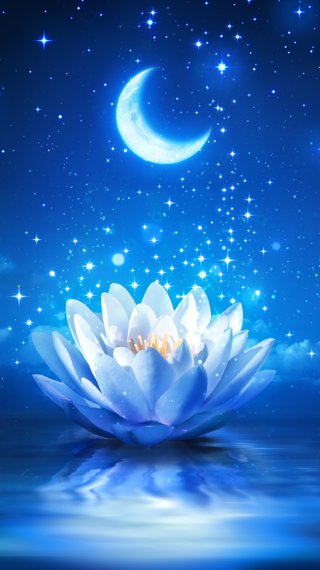 Download mobile wallpaper Flowers, Stars, Night, Moon, Reflection, Flower, Artistic, Water Lily, White Flower, Sparkles for free.