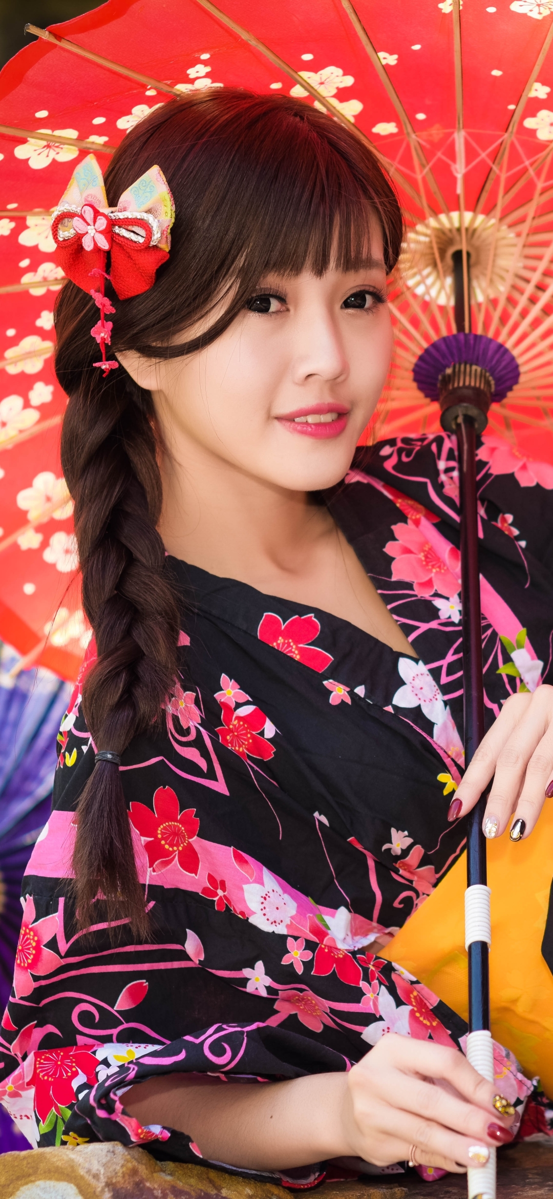 Download mobile wallpaper Smile, Kimono, Brunette, Model, Women, Braid, Asian, Brown Eyes, Lipstick for free.