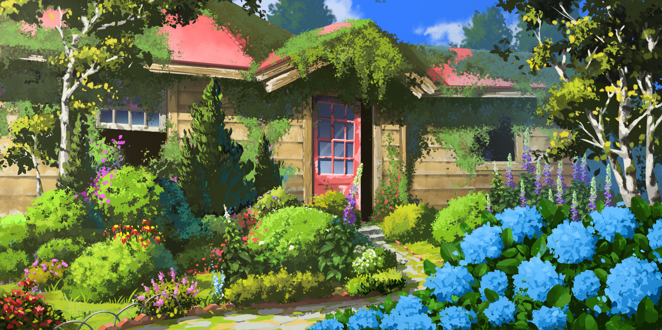 Download mobile wallpaper Anime, Flower, House, Garden for free.