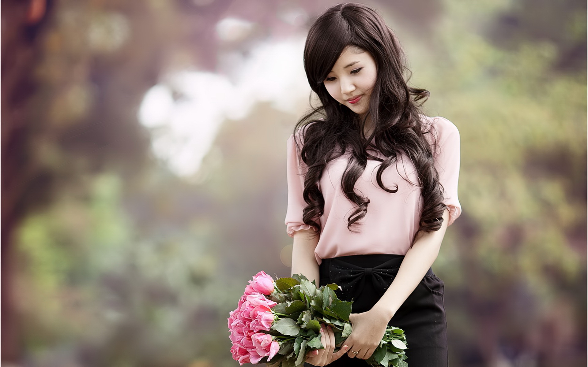 Download mobile wallpaper Flower, Smile, Brunette, Women, Asian, Long Hair for free.