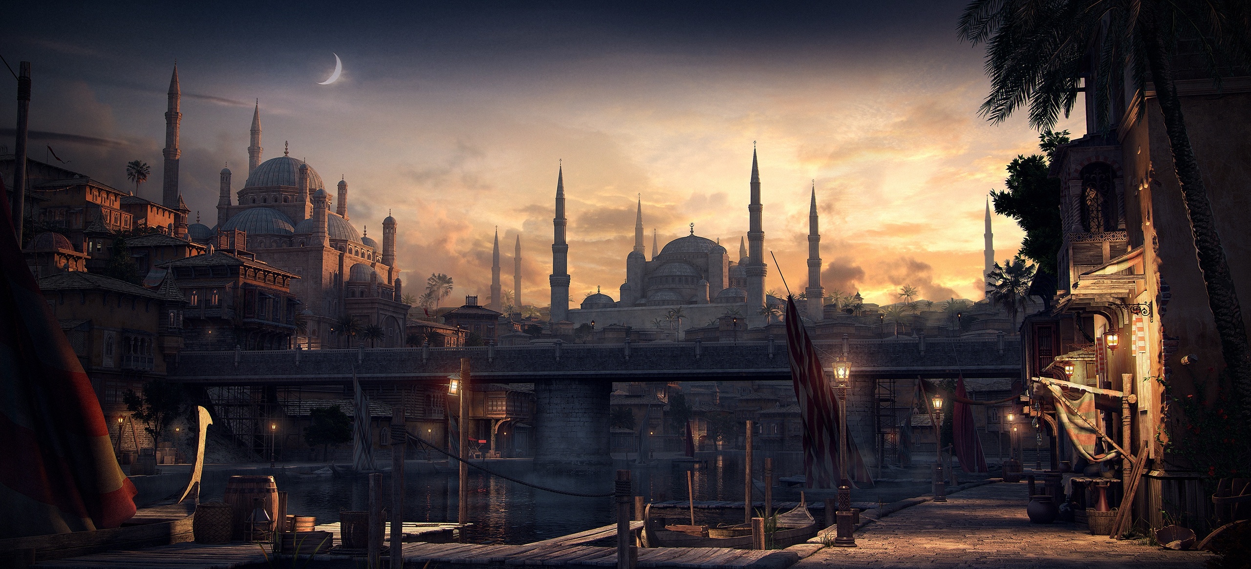 Free download wallpaper Fantasy, City, Building, Bridge, Mosque, Constantinople on your PC desktop