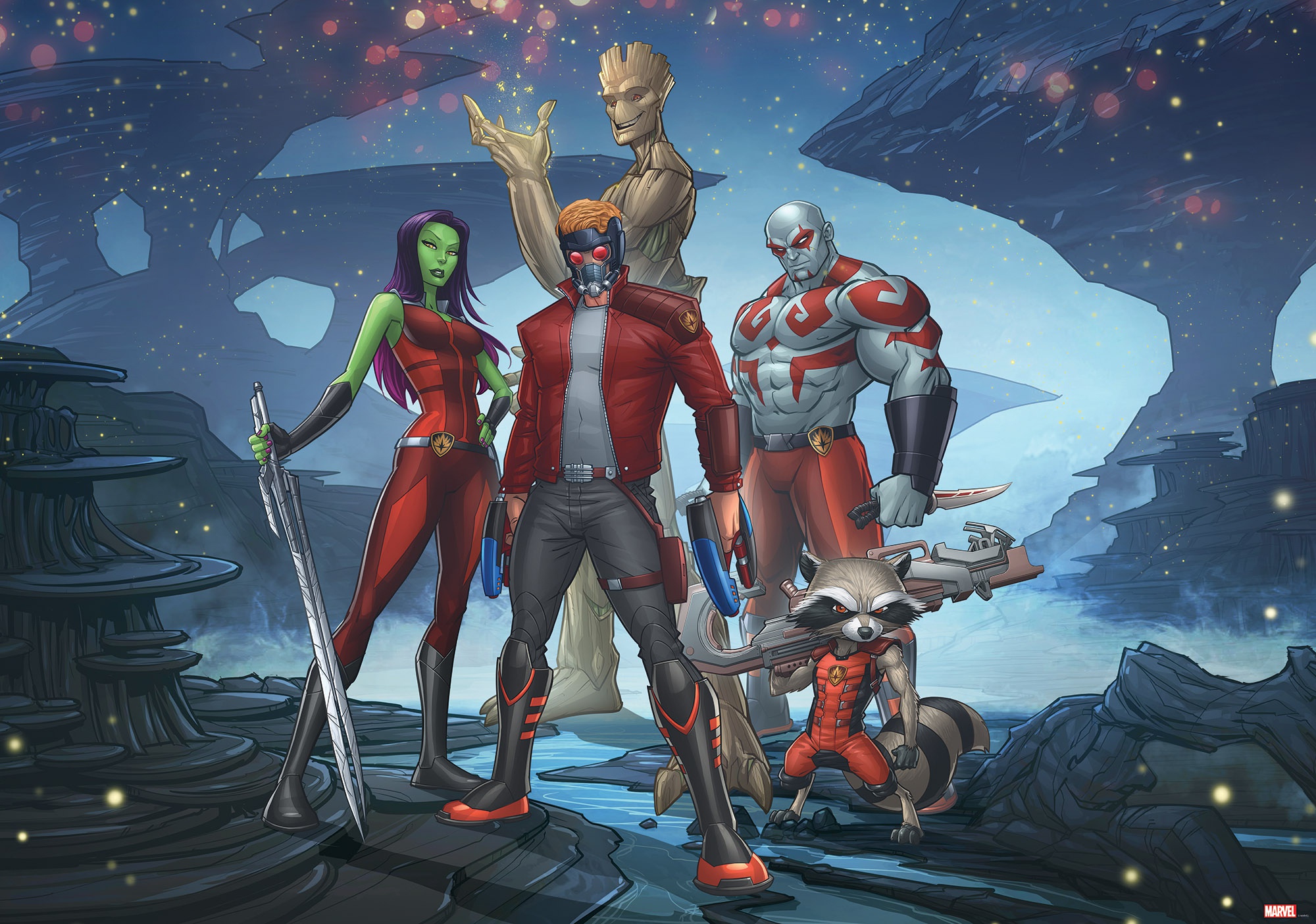 Descarga gratuita de fondo de pantalla para móvil de Historietas, Guardianes De La Galaxia, Mapache Cohete, Señor De Las Estrellas, Drax El Destructor, Gamora, Groot.