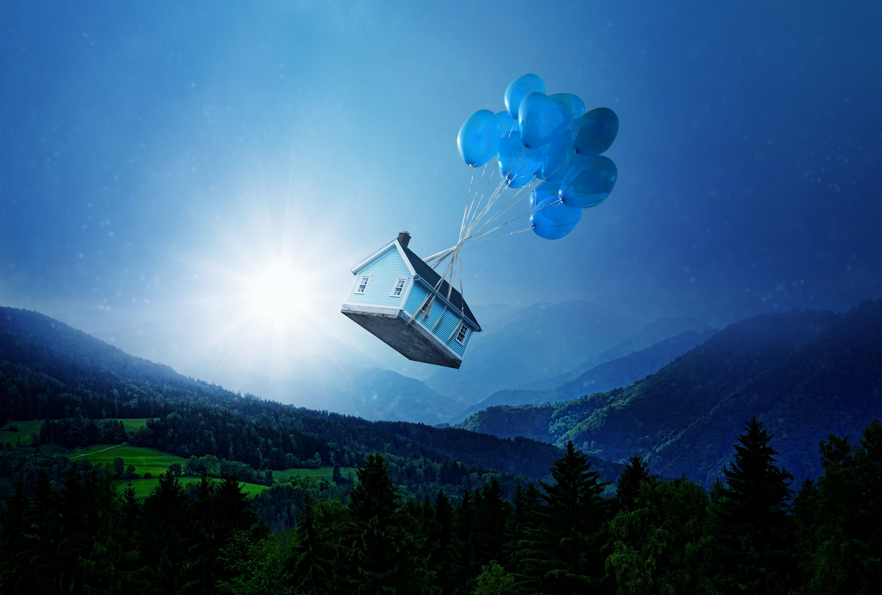 Free download wallpaper Fantasy, Forest, House, Balloon on your PC desktop