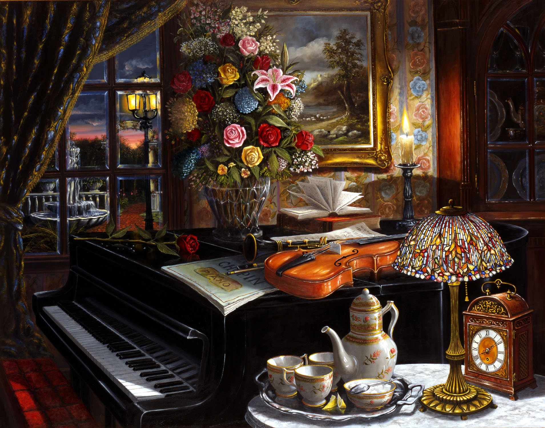 lamp, artistic, painting, candle, clock, flower, living room, piano, violin, window