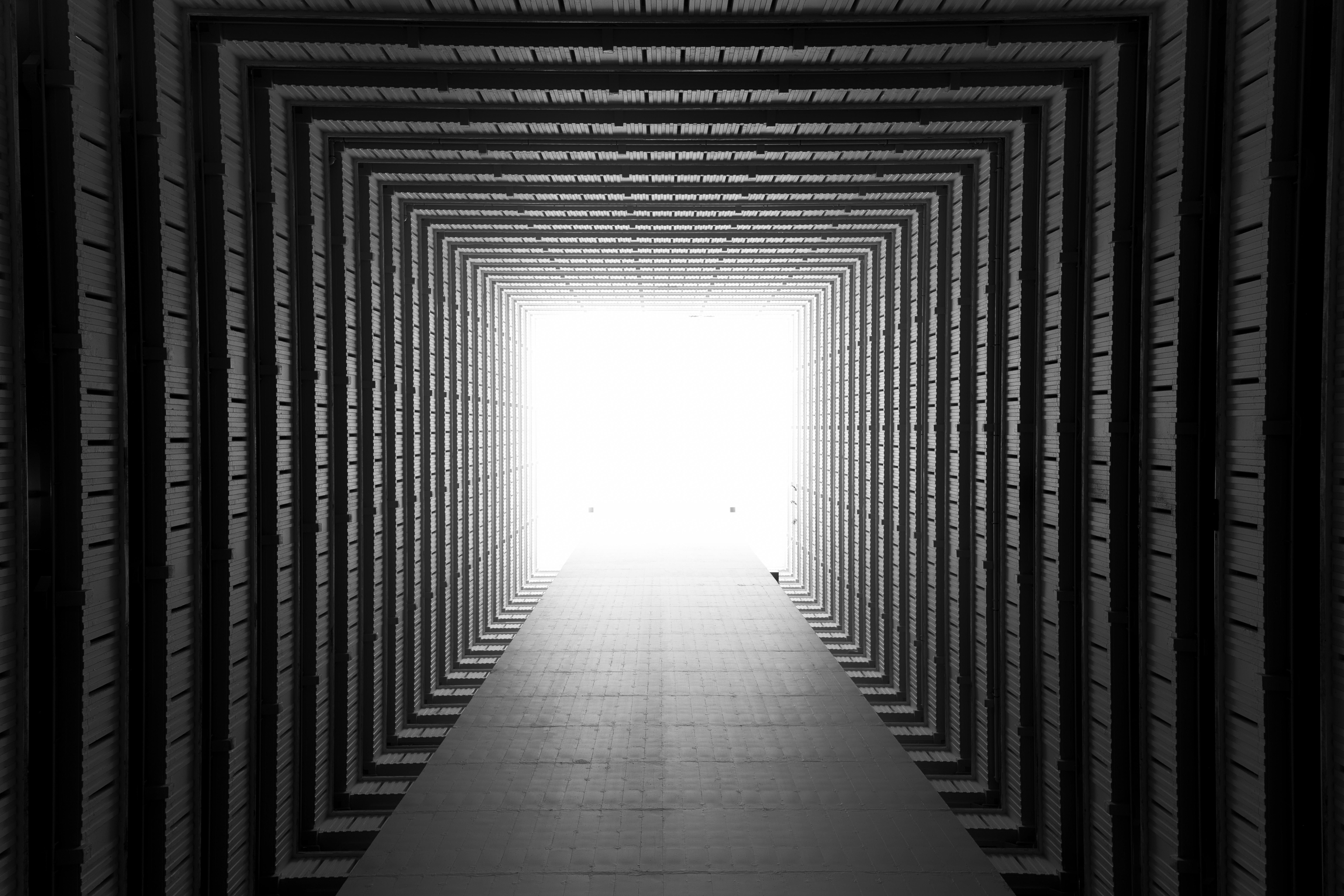 Download mobile wallpaper Perspective, Prospect, Corridor, Symmetry, Geometry, Light, Shine, Architecture, Minimalism for free.