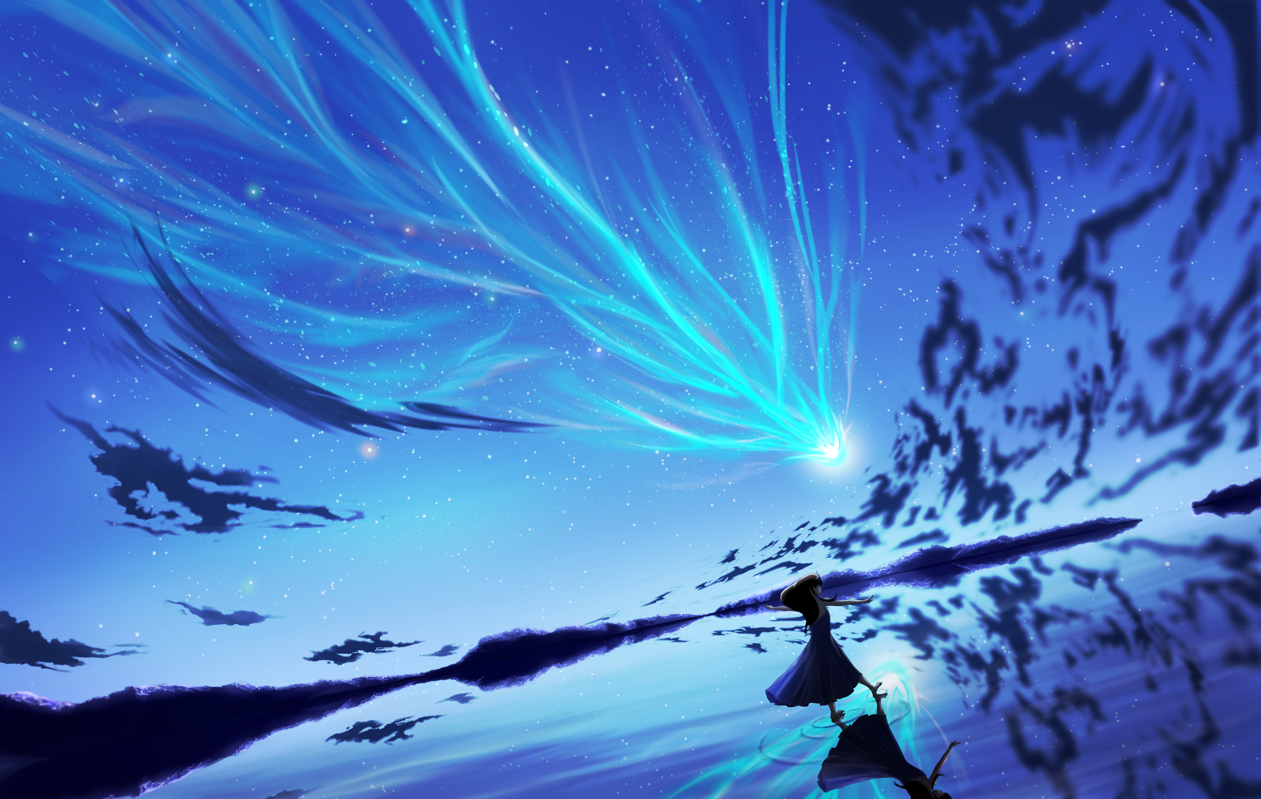 anime, original, cloud, dress, lake, meteor, sky, stars