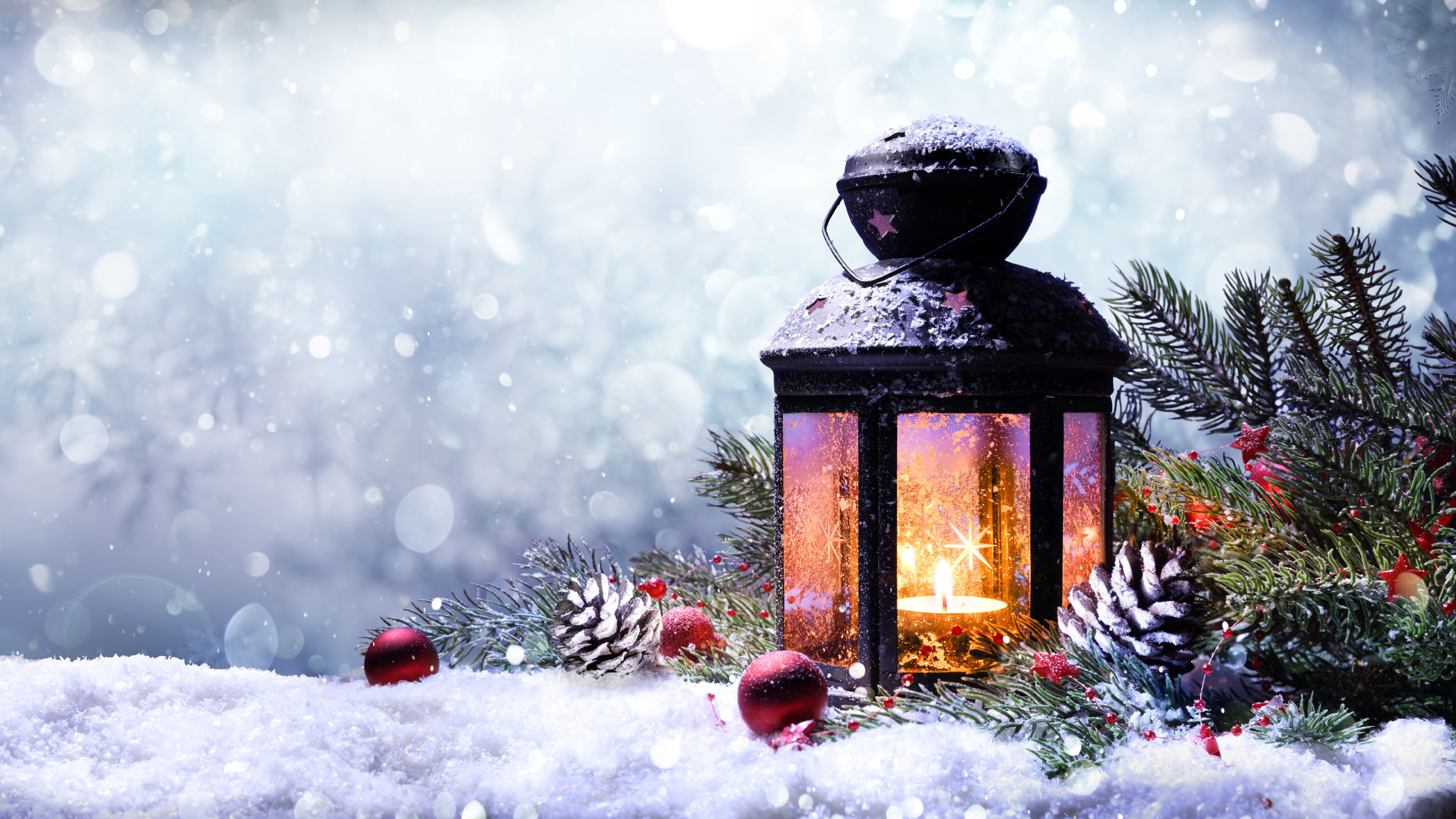 christmas, lantern, holiday, pine cone, snow