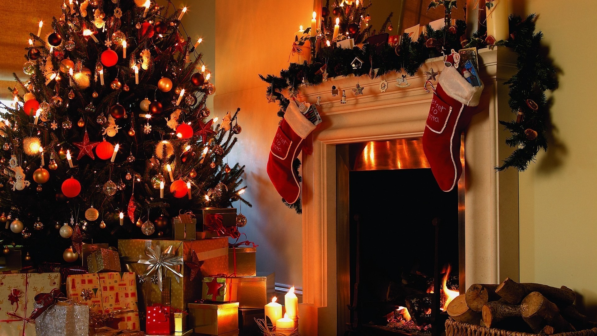 Laden Sie das Feiertage, Weihnachten, Geschenk, Weihnachtsschmuck, Weihnachtsbaum, Kamin-Bild kostenlos auf Ihren PC-Desktop herunter