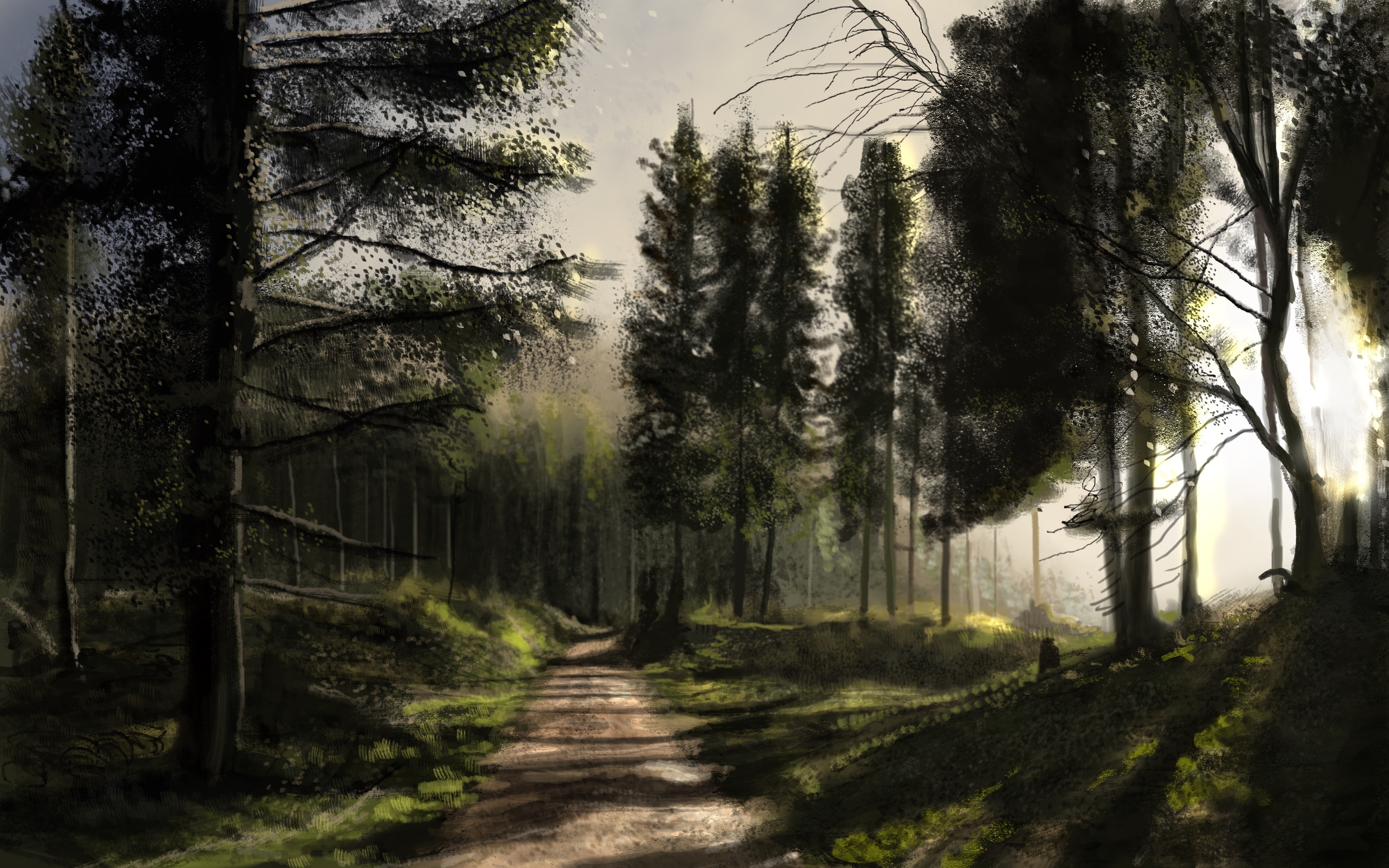 Free download wallpaper Forest, Tree, Drawing, Path, Evening, Artistic, Sunbeam on your PC desktop