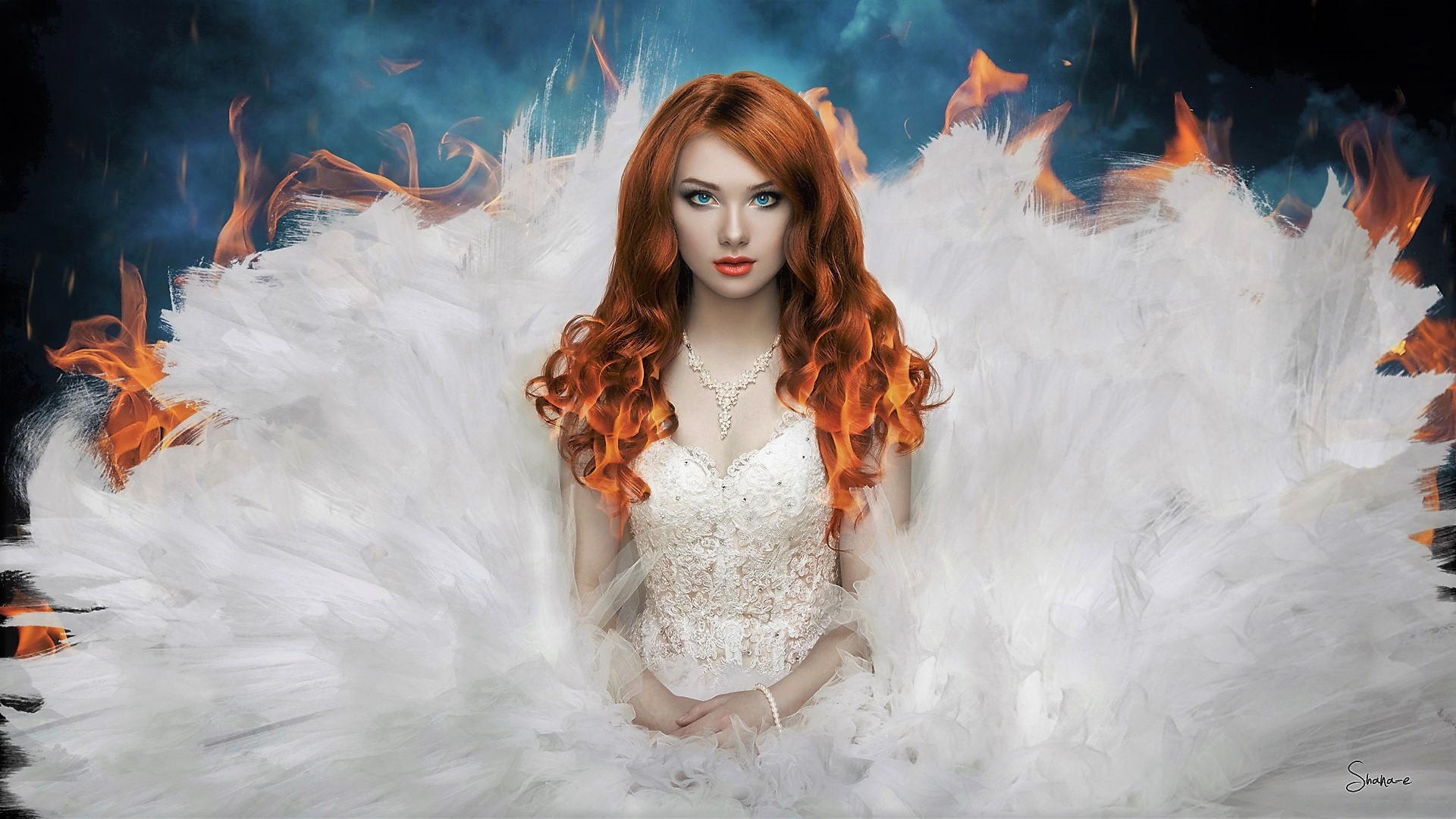 Download mobile wallpaper Fantasy, Fire, Flame, Redhead, Artistic, Women, Blue Eyes, White Dress for free.