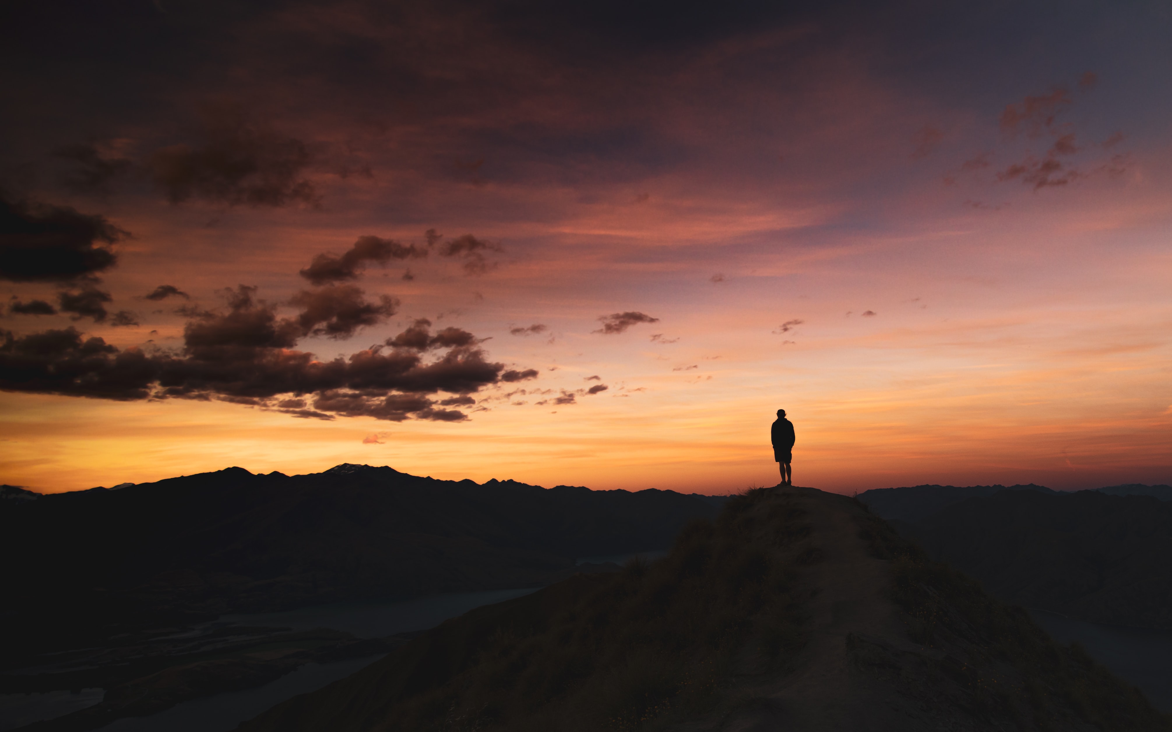 Download mobile wallpaper Twilight, Dusk, Person, Mountains, Silhouette, Human, Loneliness, Dark for free.