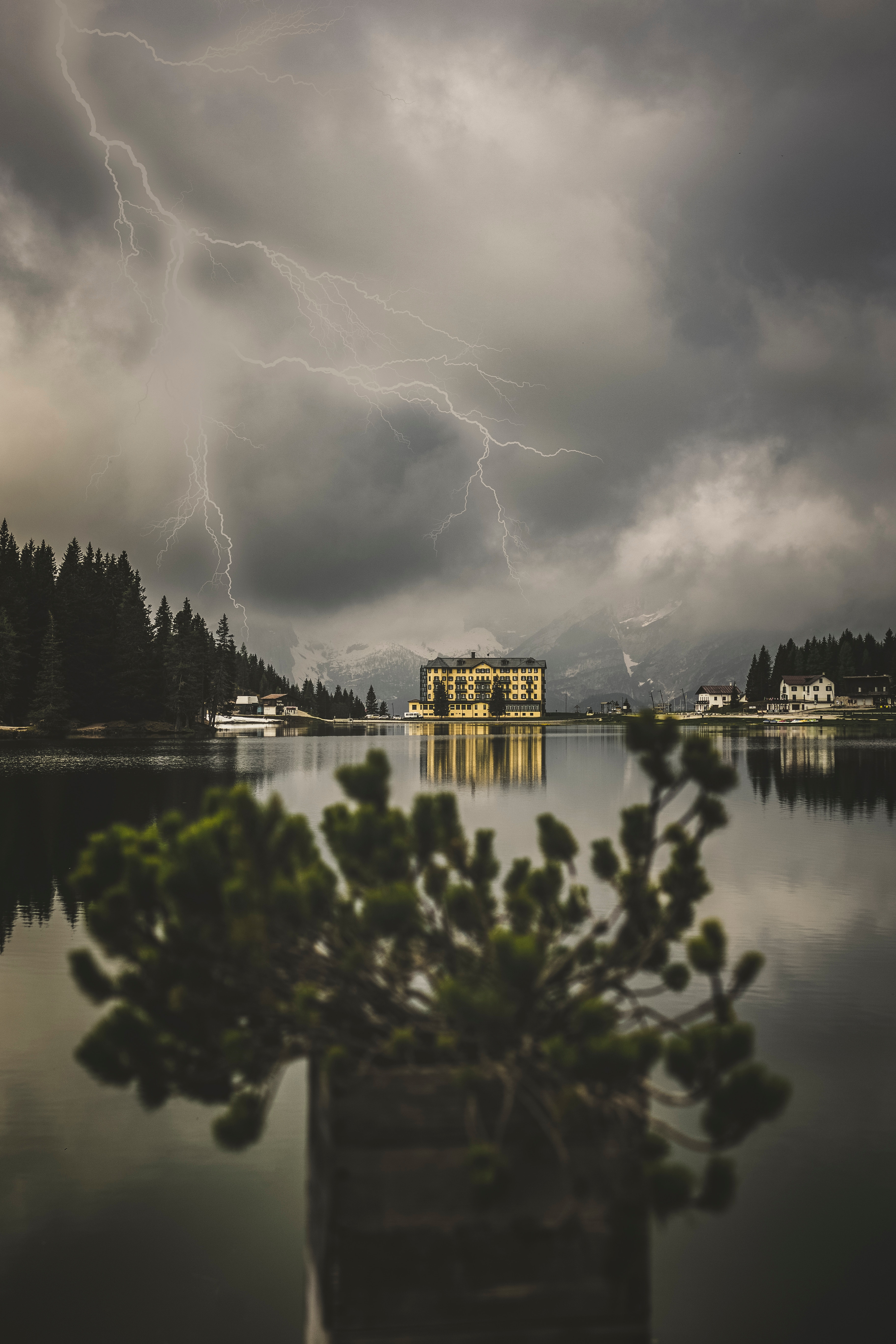 Free download wallpaper Building, Nature, Lightning, Lake, Mountains, Storm, Thunderstorm on your PC desktop
