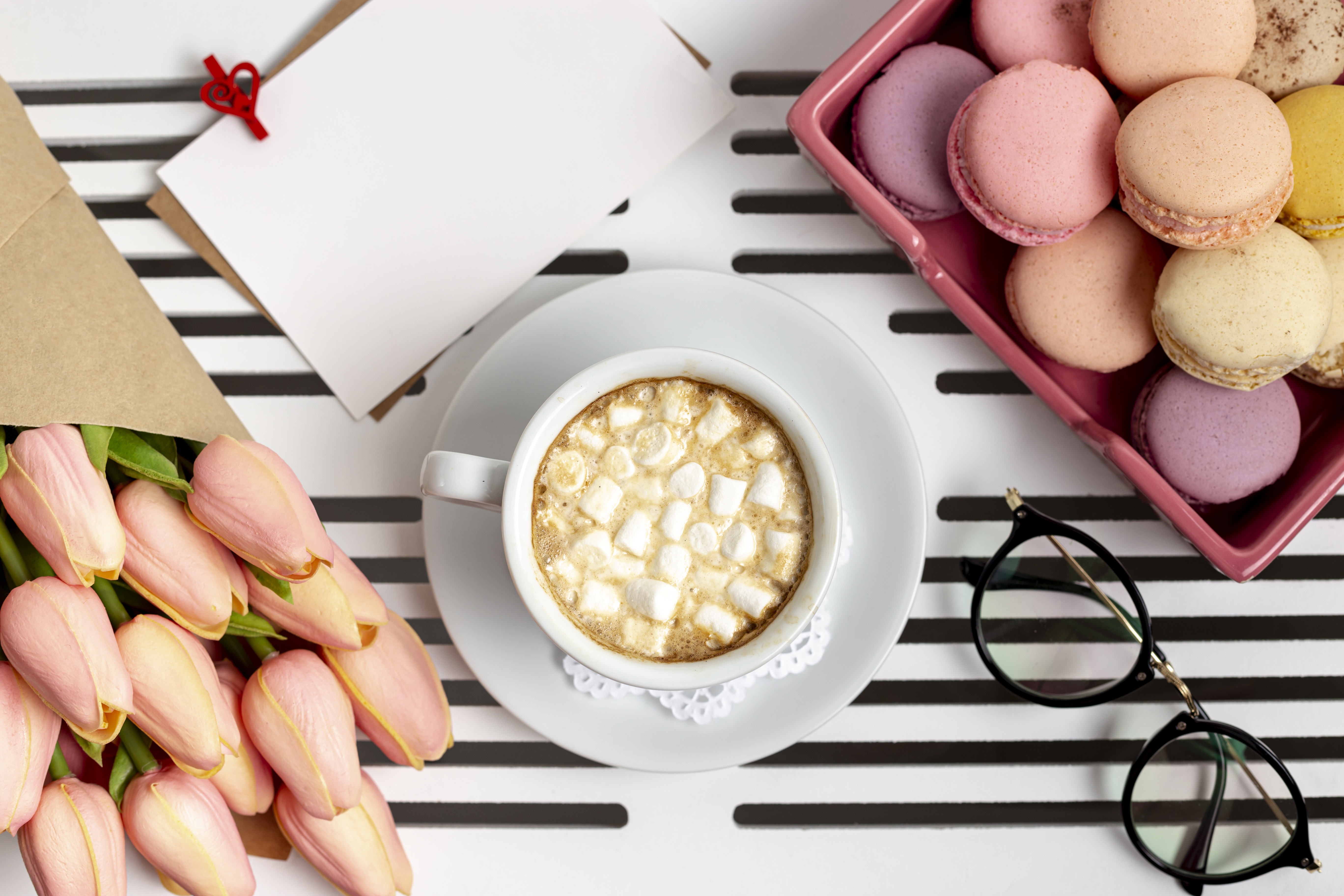 Download mobile wallpaper Food, Still Life, Cup, Tulip, Marshmallow, Macaron, Hot Chocolate for free.