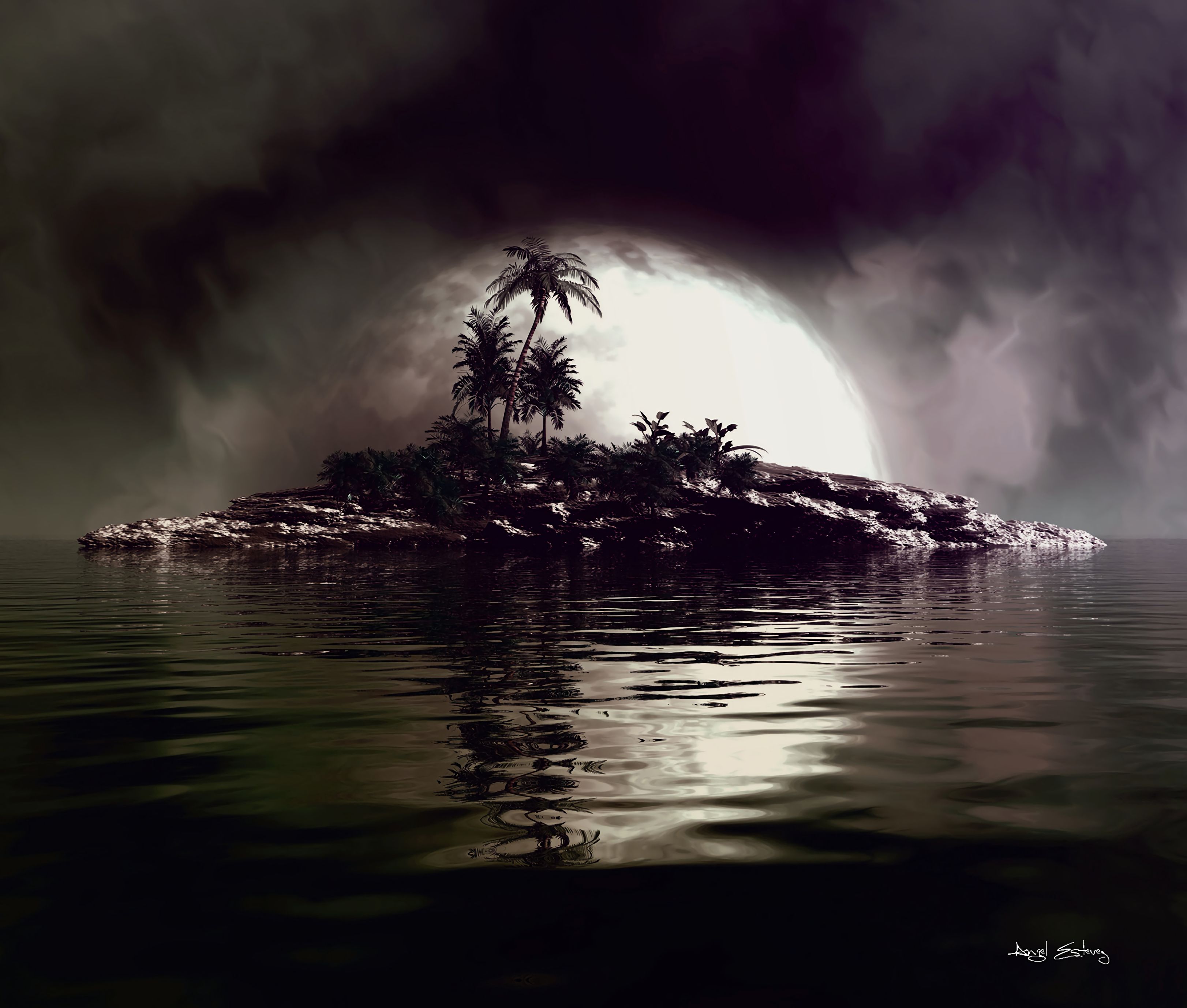 full moon, art, sea, palms, island 4K Ultra