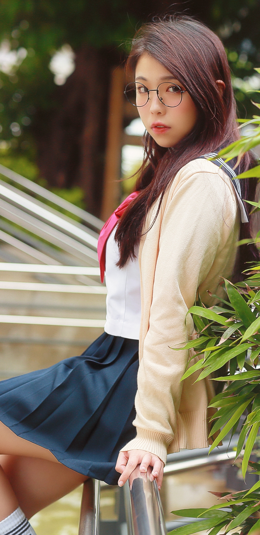 Download mobile wallpaper Brunette, Model, Skirt, Women, Asian, School Uniform for free.